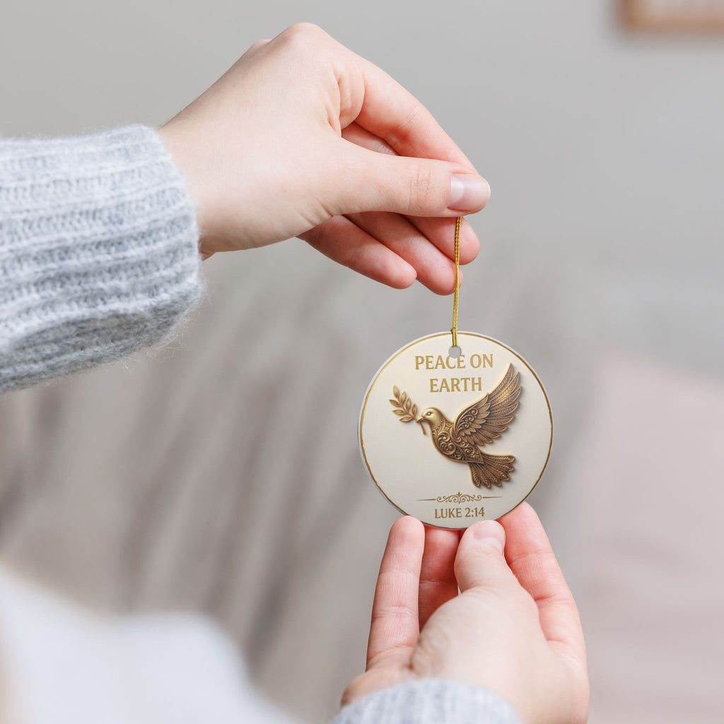 Peace on Earth Ceramic Ornament — Dove with Olive Branch (Luke 2:14)