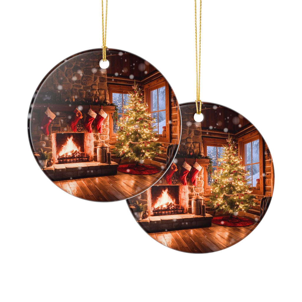 Cozy Fireplace & Christmas Tree Ceramic Ornament