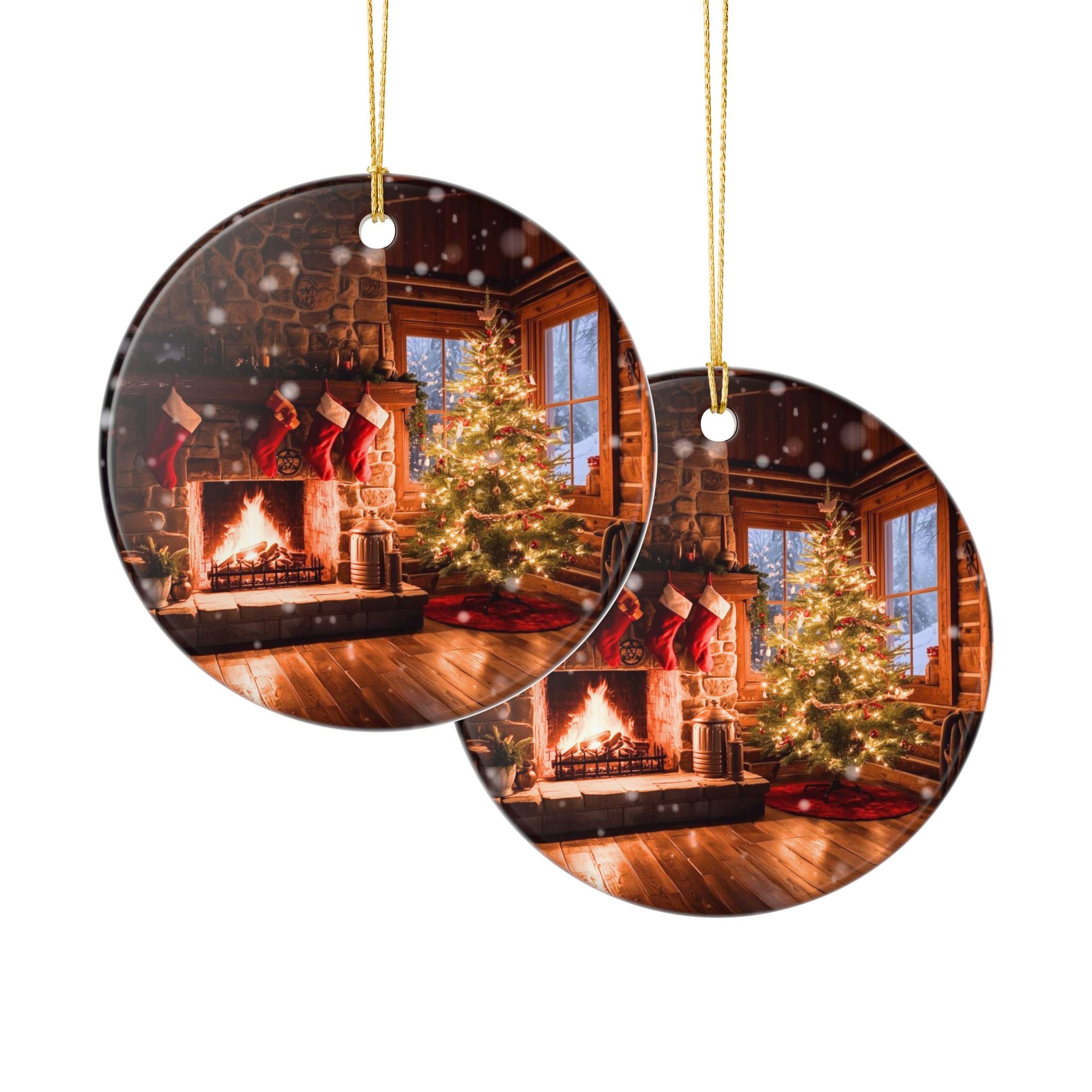 Cozy Fireplace & Christmas Tree Ceramic Ornament