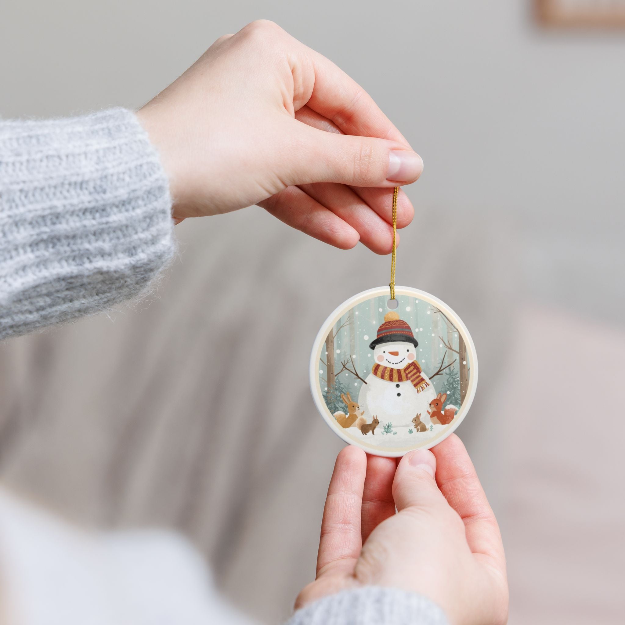 Snowman & Woodland Friends Ceramic Ornament (2-Sided)