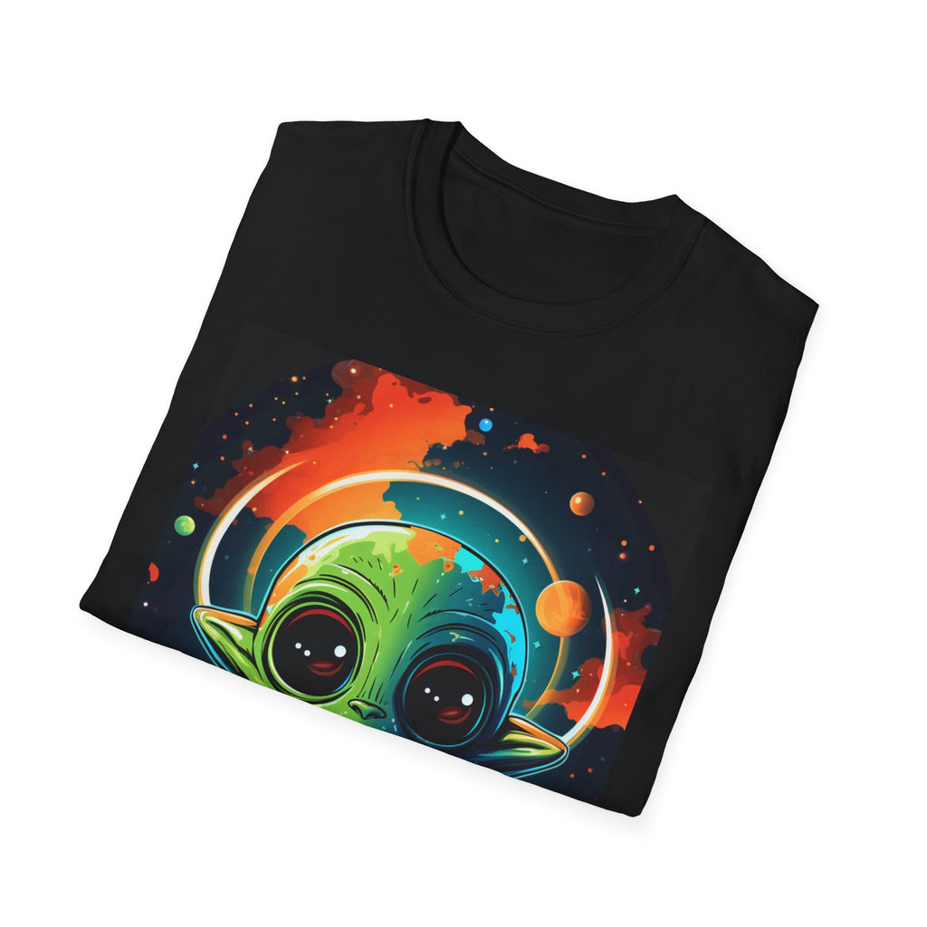 Cosmic Baby Alien Tee – Vibrant Outer Space Artwork on Black Shirt