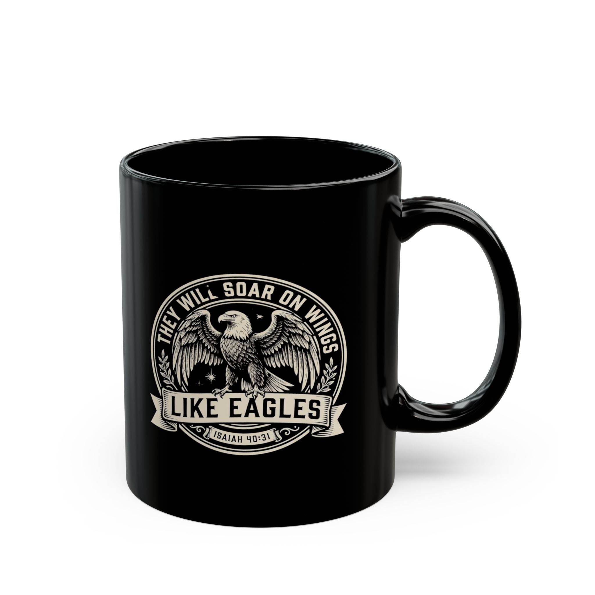 Eagle Emblem Black Ceramic Mug — They Will Soar on Wings Like Eagles — Isaiah 40:31