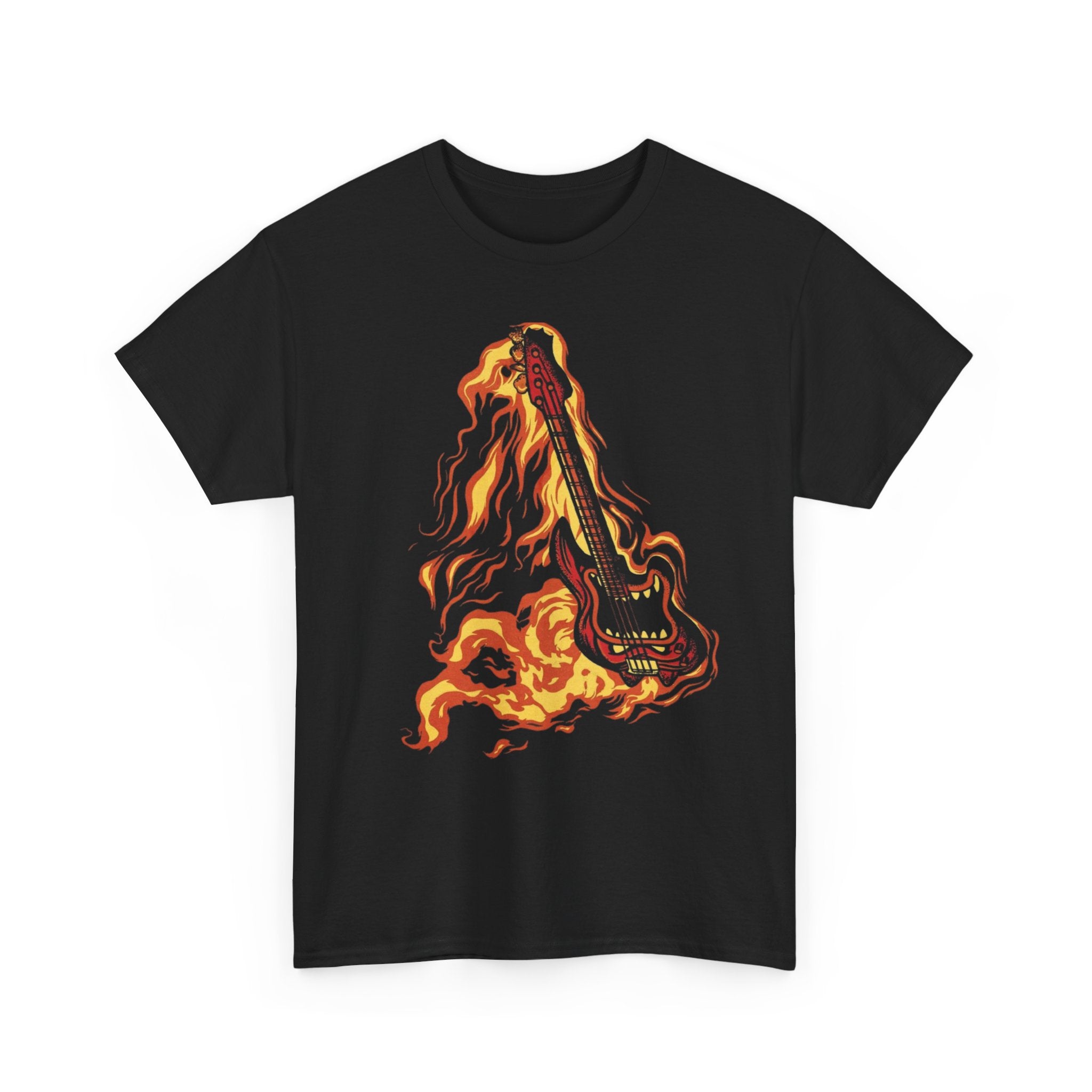 Flaming Guitar T-Shirt — Fiery Rock Music Graphic Tee for Guitarists
