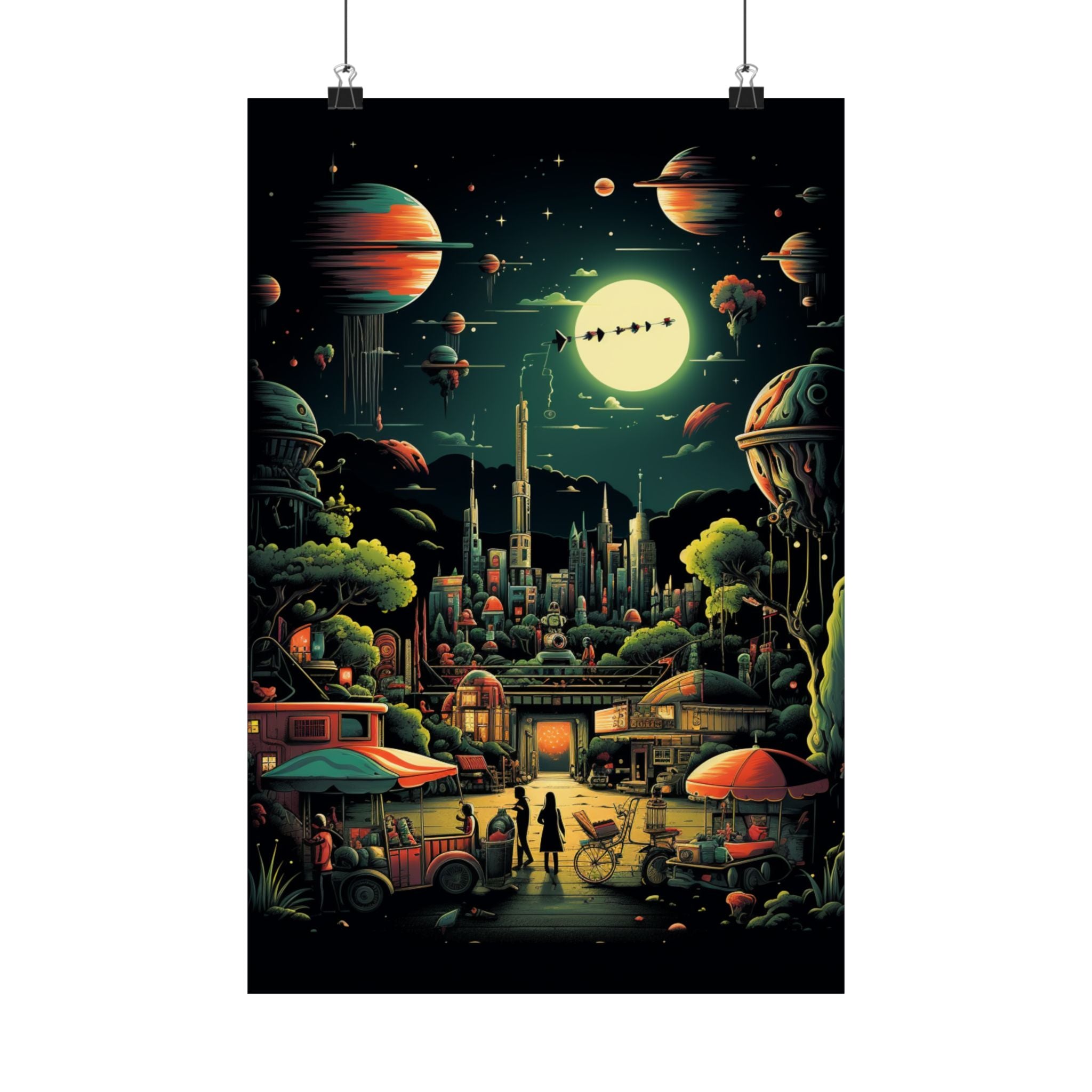 Retro Futuristic City Market Poster – Cosmic Sci-Fi Wall Art (3 Sizes)