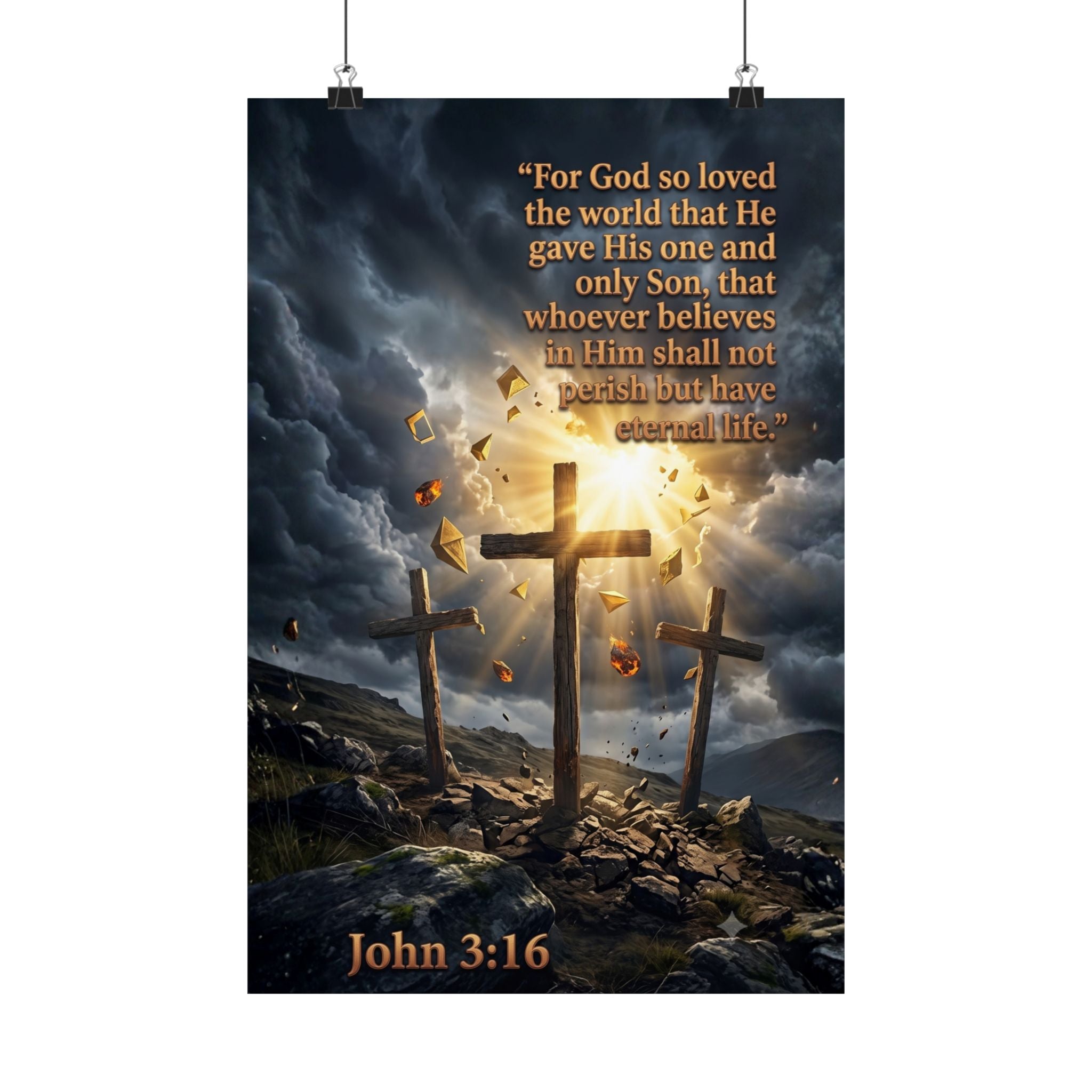 John 3:16 Wall Art — Three Crosses Scripture Poster | Zero FG