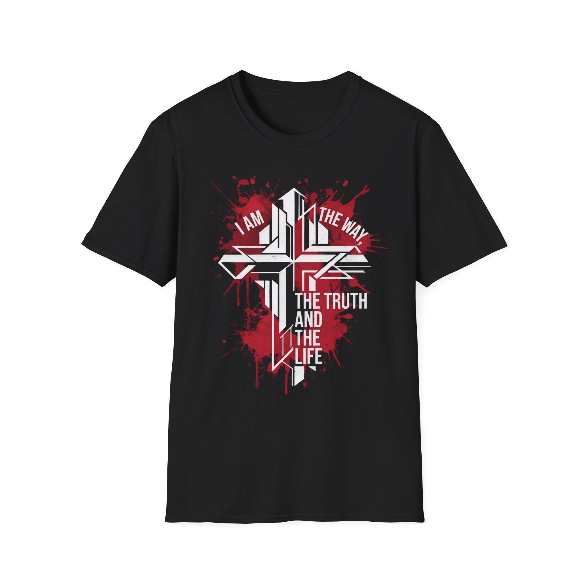 Black Christian cross t-shirt with bold red splatter and geometric "I Am the Way, the Truth and the Life" graphic design on white background