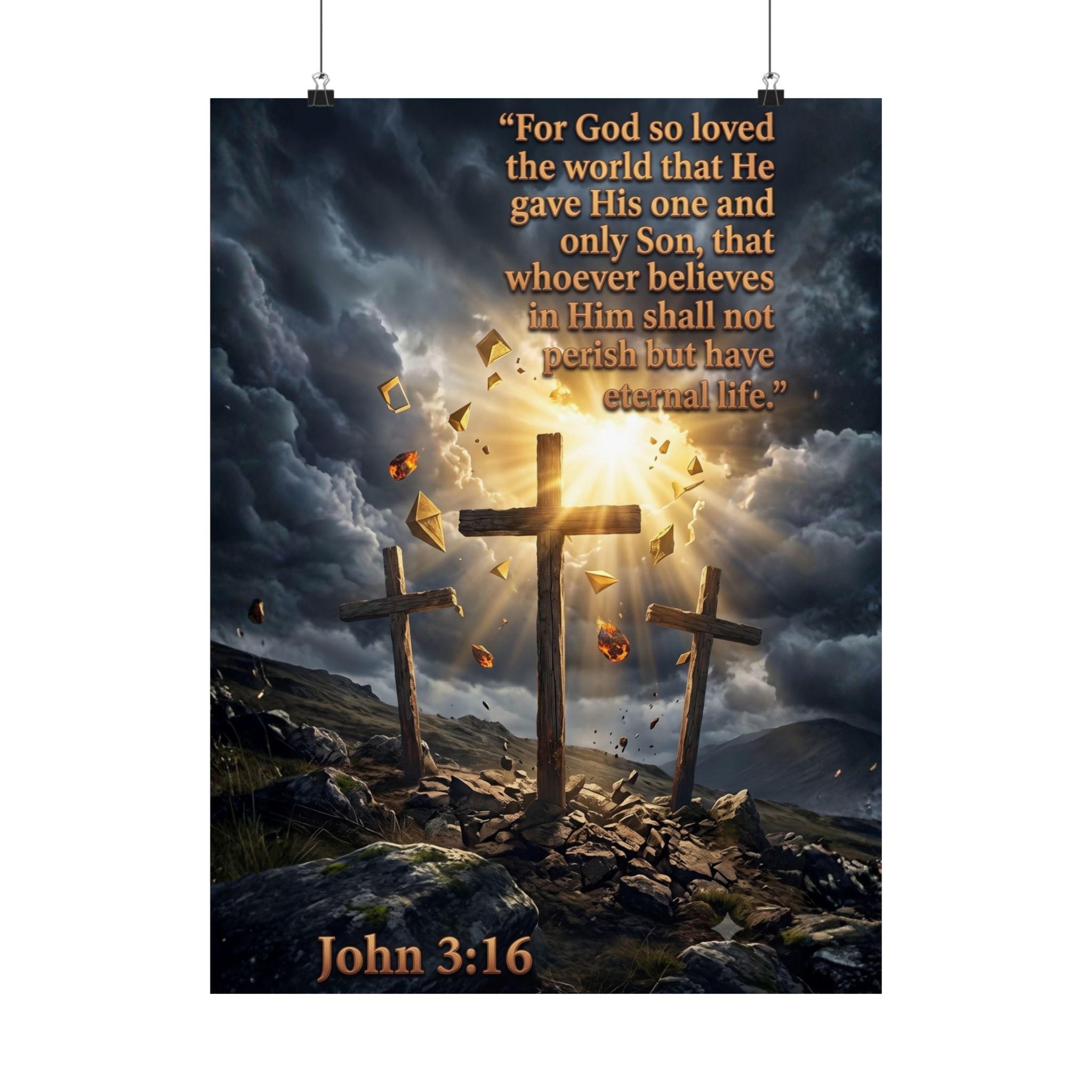 John 3:16 matte wall art poster — three crosses on rocky hill with light breaking through storm clouds, full scripture text, white background product shot