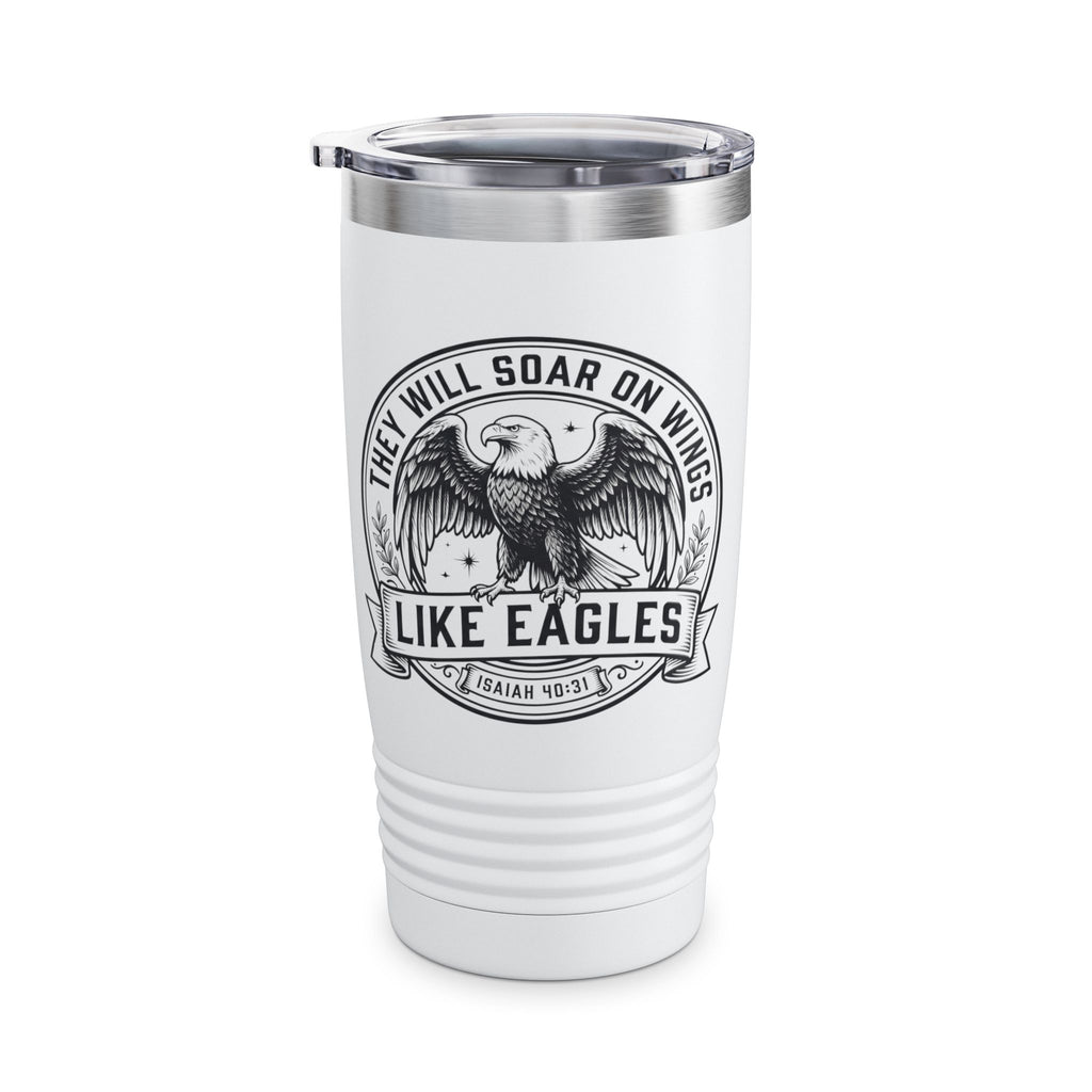 White 20oz stainless steel tumbler with They Will Soar on Wings Like Eagles Isaiah 40:31 vintage eagle emblem design on white background, Christian drinkware by Zero FG