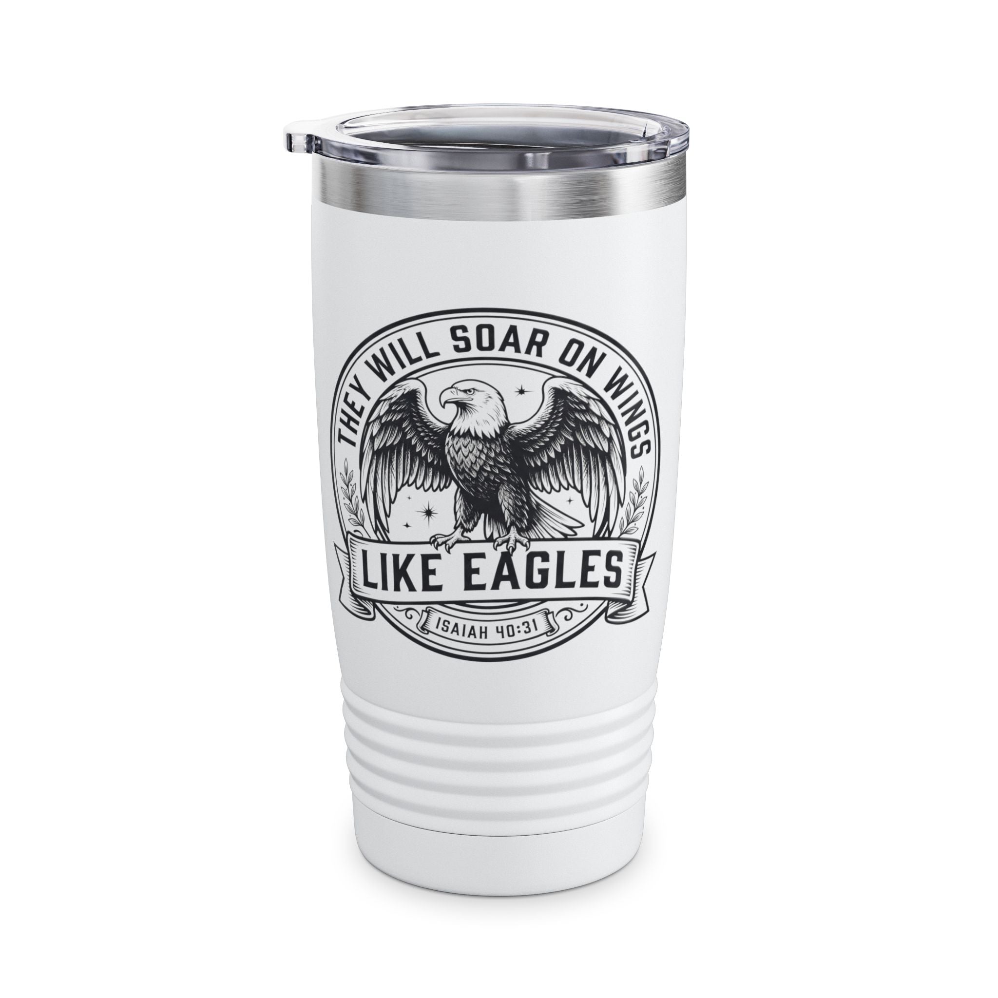 White 20oz stainless steel tumbler with They Will Soar on Wings Like Eagles Isaiah 40:31 vintage eagle emblem design on white background, Christian drinkware by Zero FG