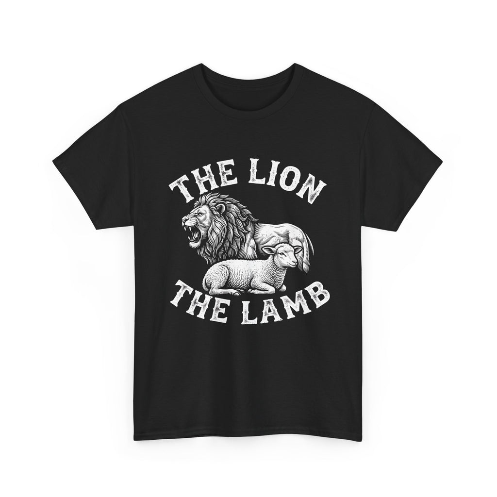 The Lion and The Lamb black Christian t-shirt - bold faith graphic tee with lion and lamb design