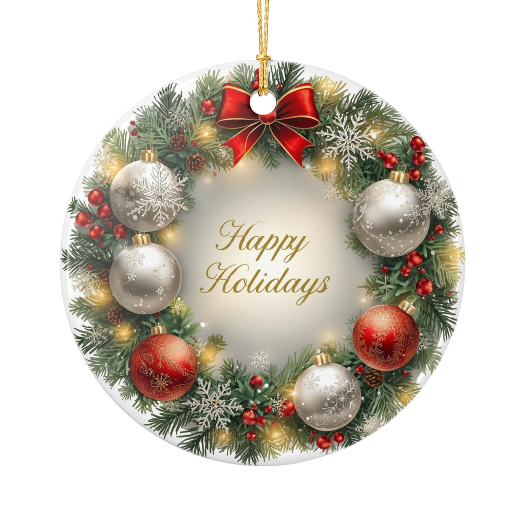 Holiday Wreath Ceramic Ornament — Happy Holidays