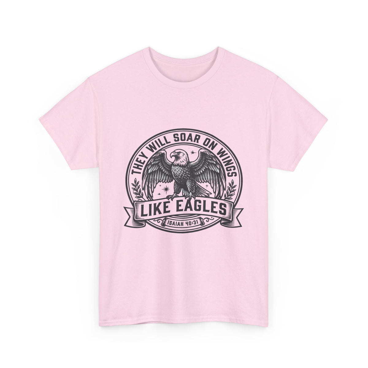 ey Will Soar on Wings Like Eagles Isaiah 40:31 vintage eagle crest graphic on pink unisex Christian t-shirt