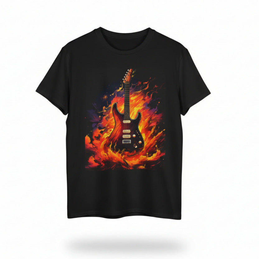 Black t-shirt with a guitar design on fire on a white background
