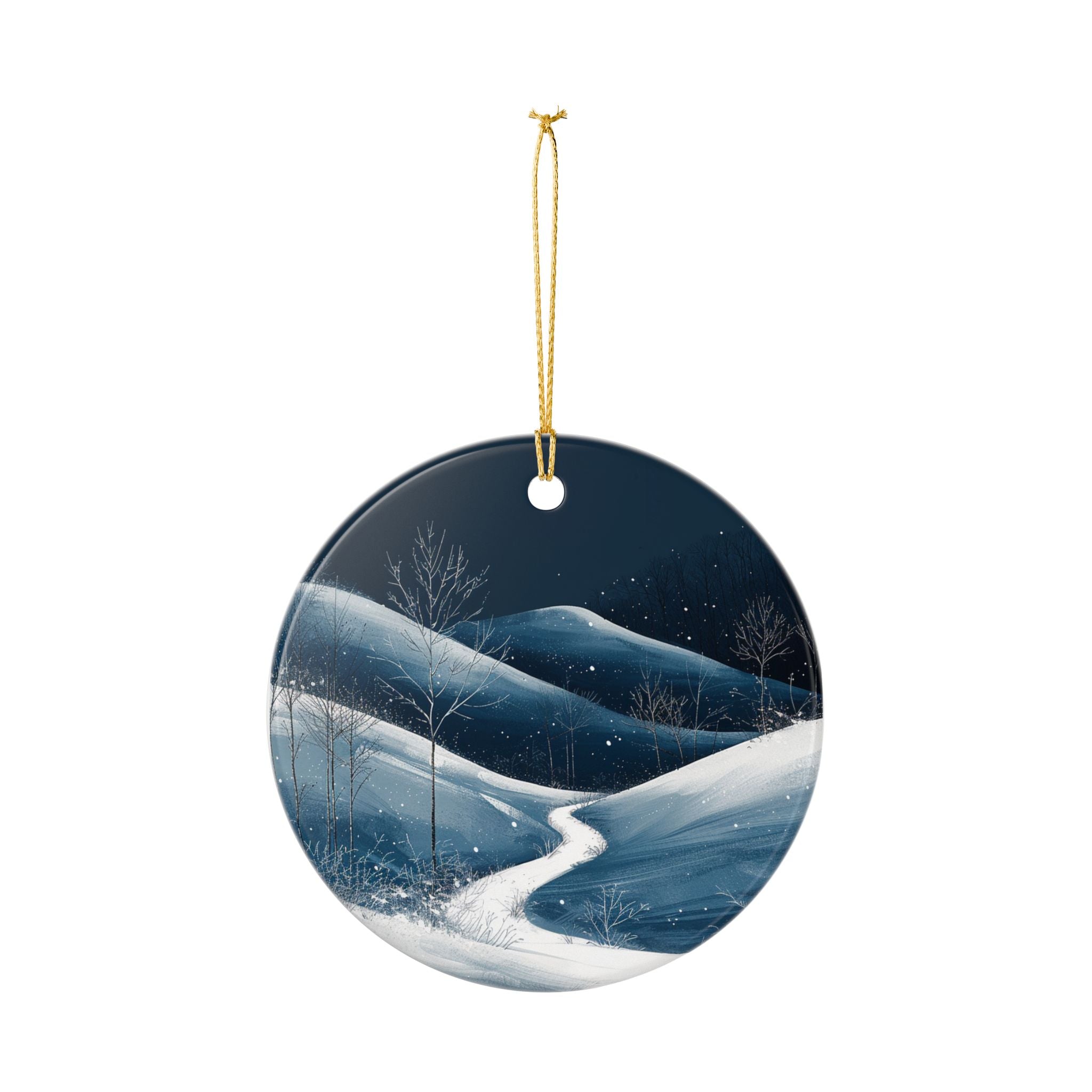 Winter Night Ceramic Ornament — Snowy Mountain Path (2-Sided)