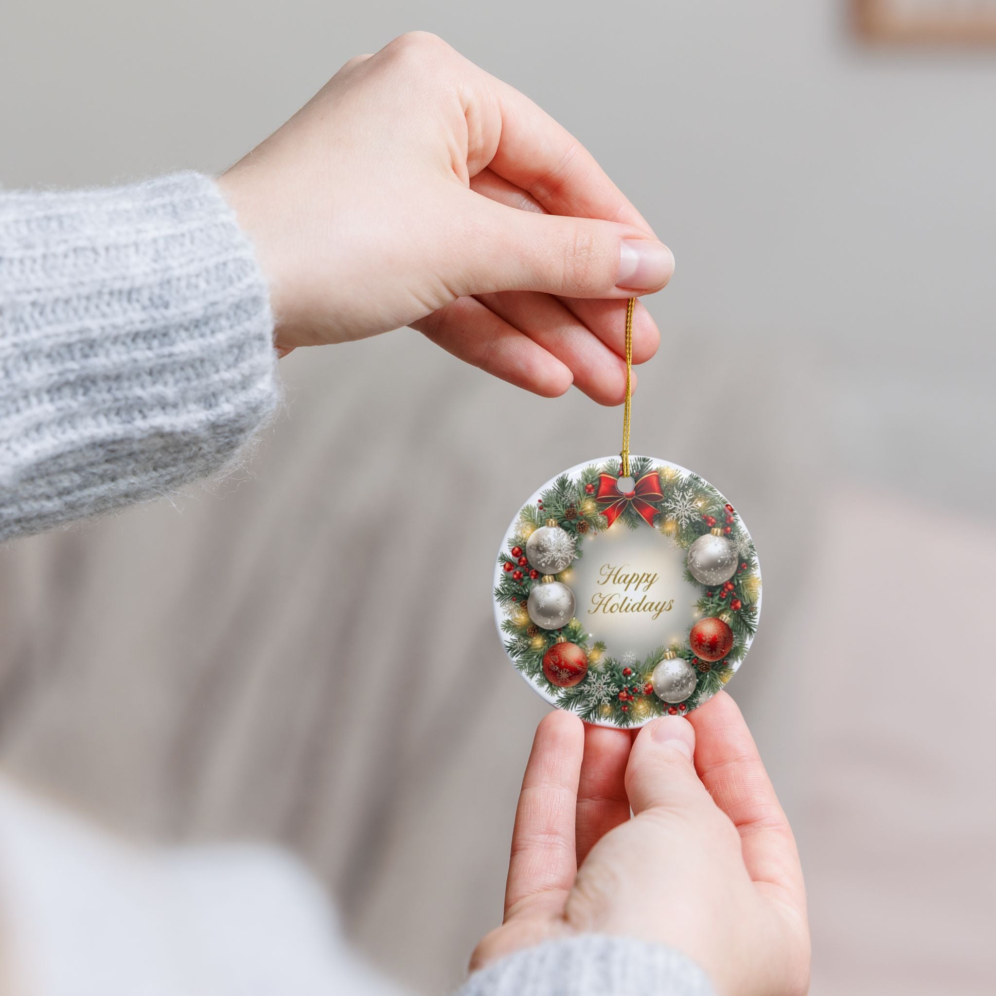 Holiday Wreath Ceramic Ornament — Happy Holidays