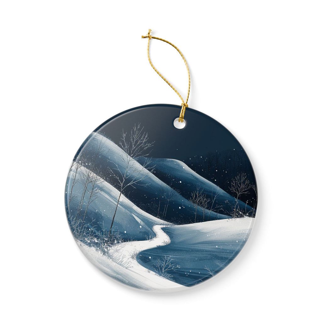Winter Night Ceramic Ornament — Snowy Mountain Path (2-Sided)