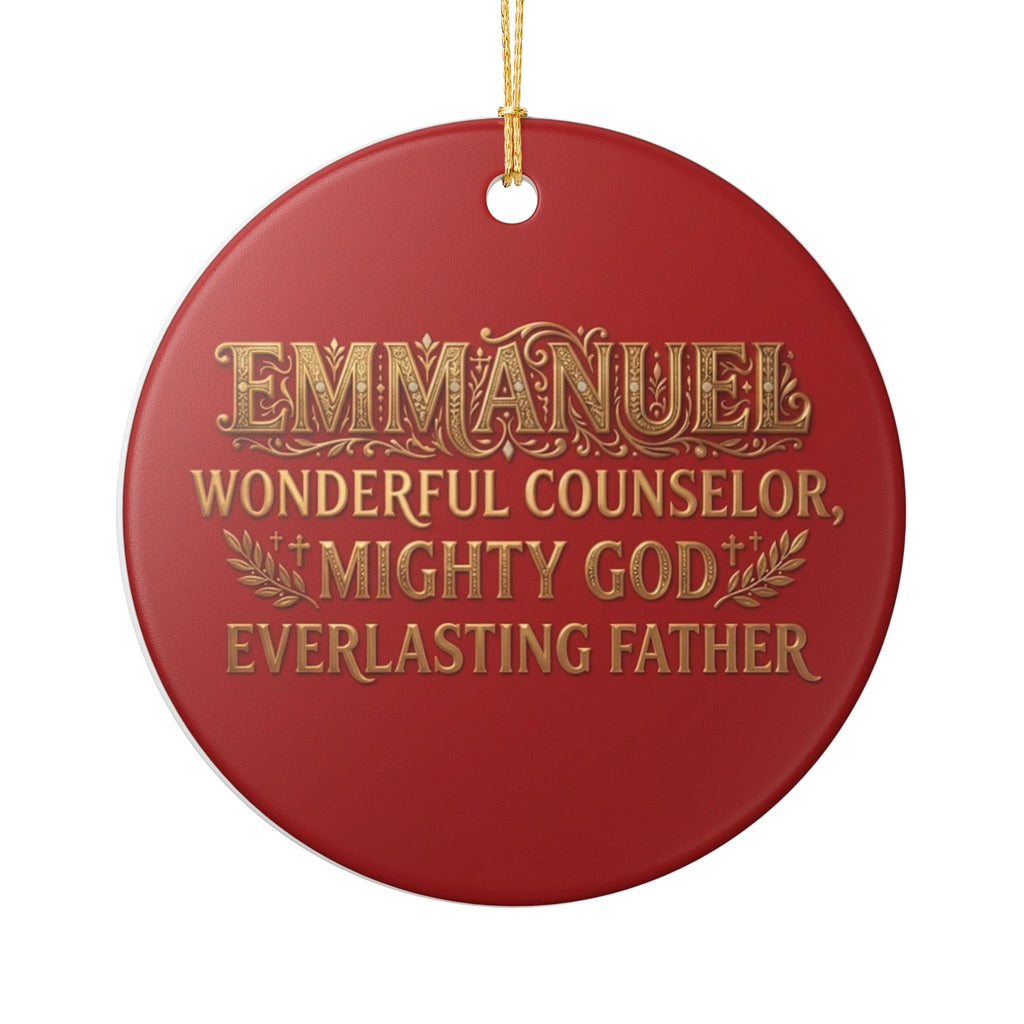 Round deep crimson ceramic Christmas ornament with ornate gold lettering reading Emmanuel, Wonderful Counselor, Mighty God, Everlasting Father with gold hanging string