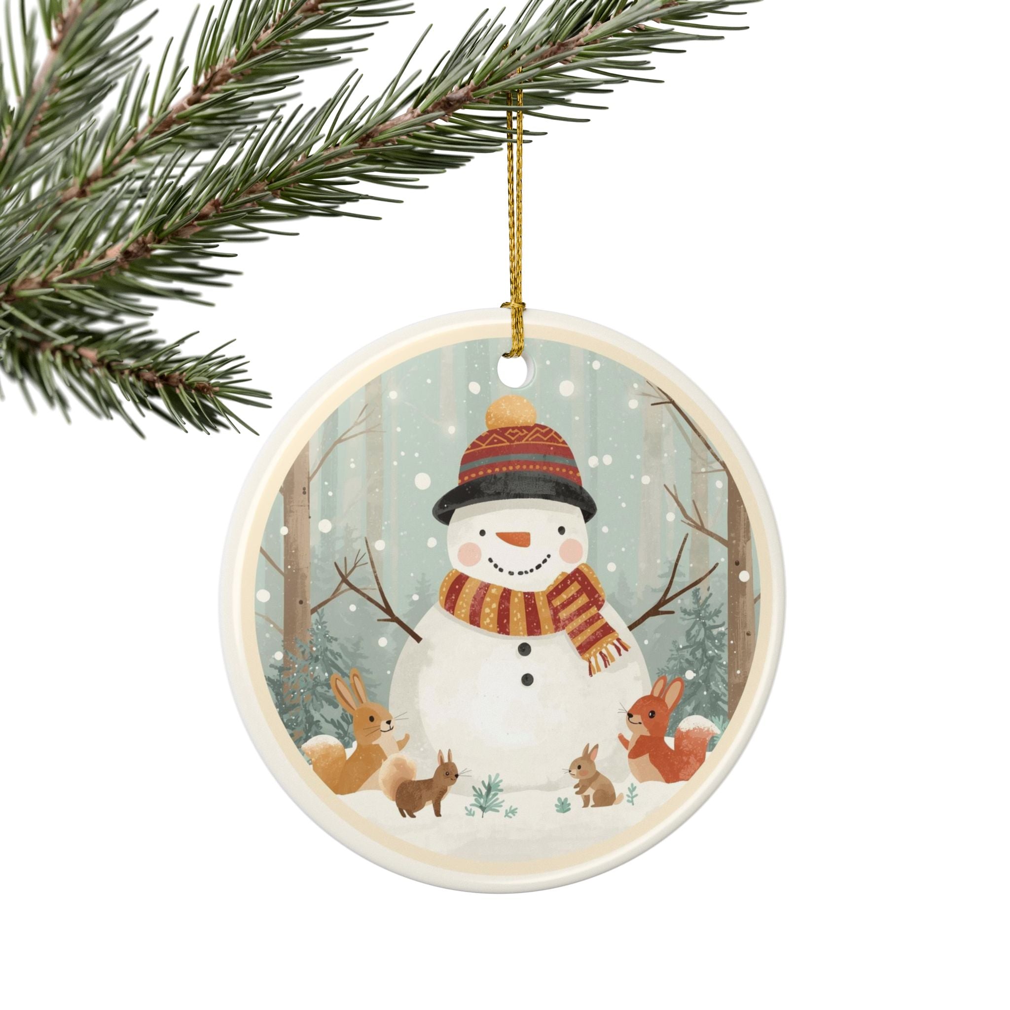Snowman & Woodland Friends Ceramic Ornament (2-Sided)