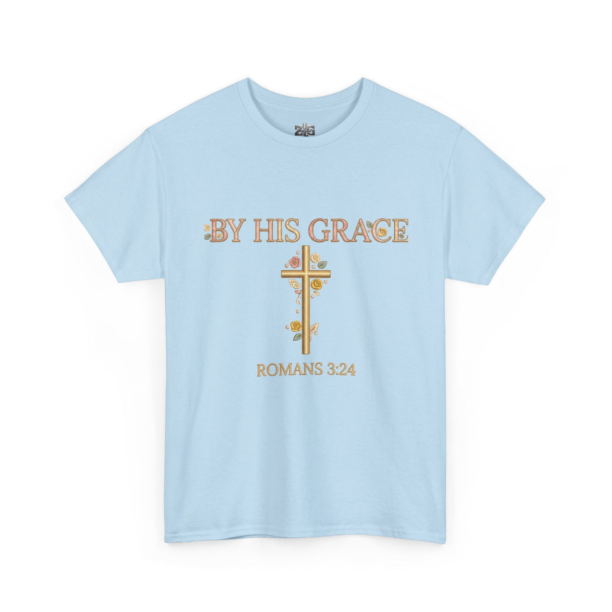 By His Grace Romans 3:24 Christian faith t-shirt in light blue with gold floral cross design