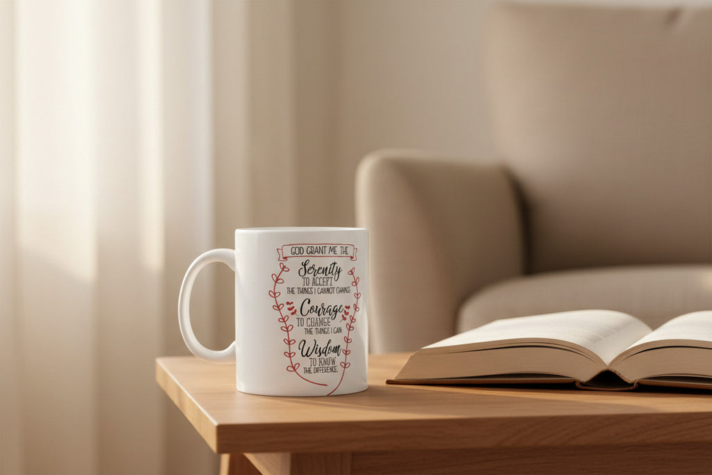 White mug with motivational quote on a white background