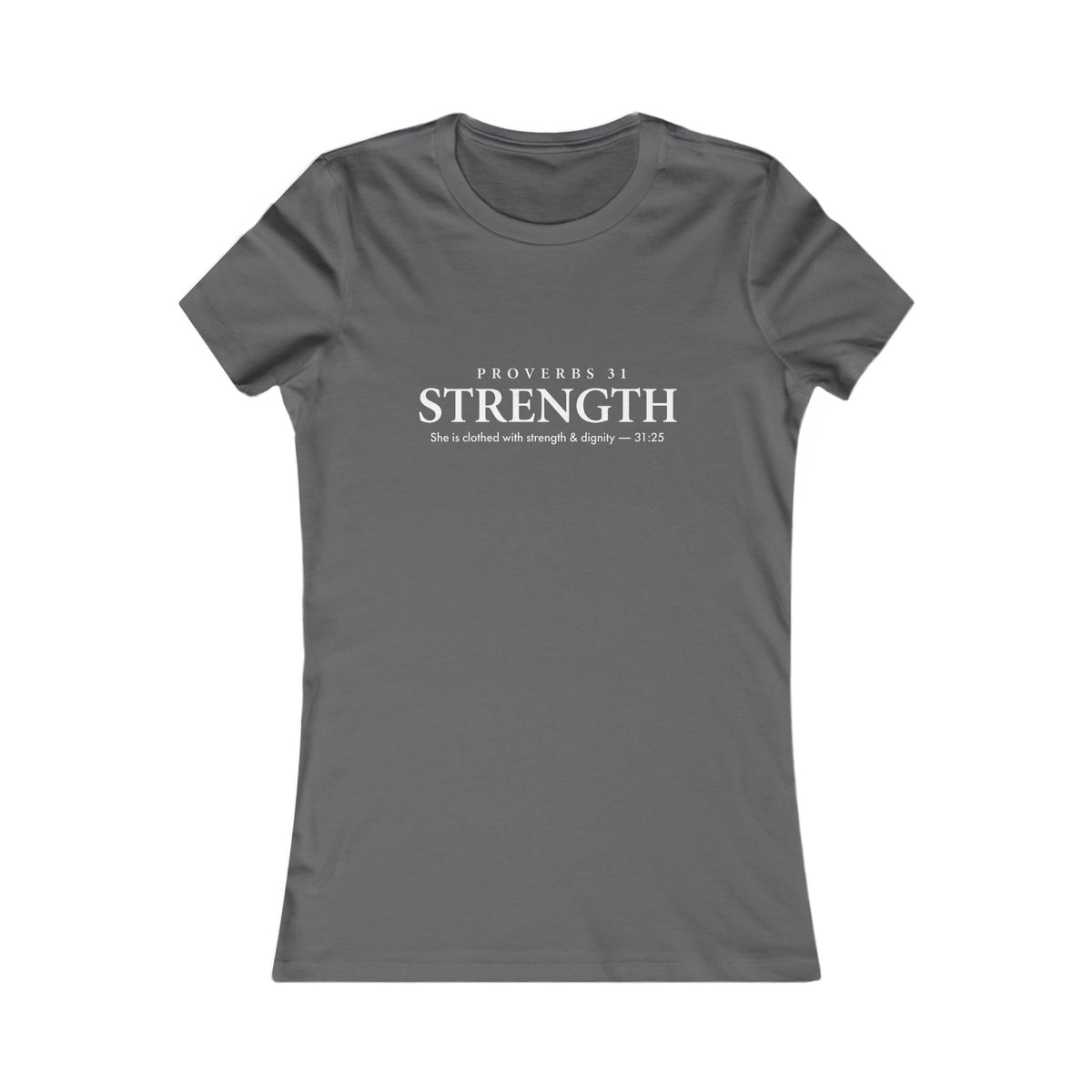 Grey Bella Canvas women's fitted t-shirt with Proverbs 31 Strength scripture design — Christian faith apparel for women