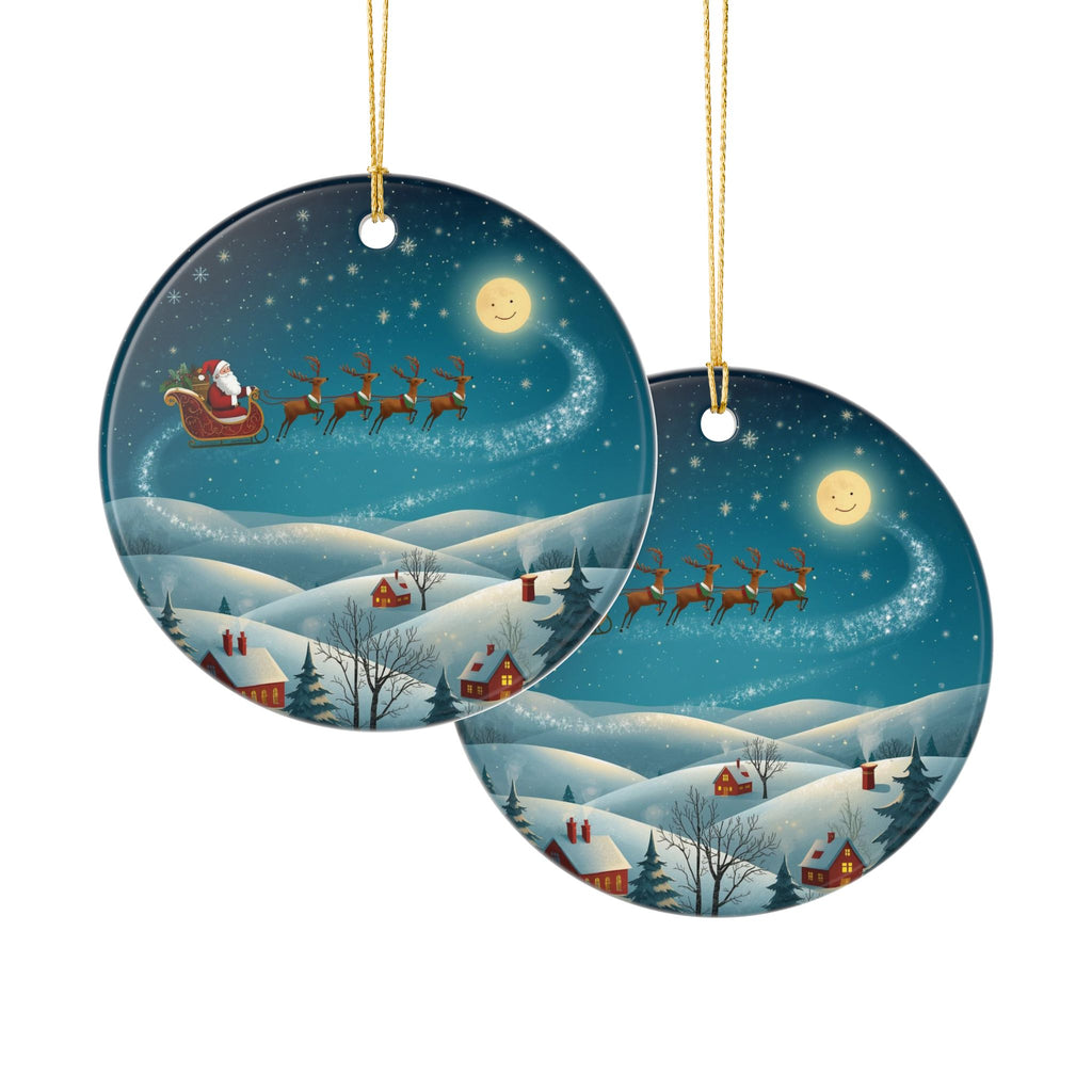 Santa Sleigh over Snowy Village Ceramic Ornament (2-Sided)