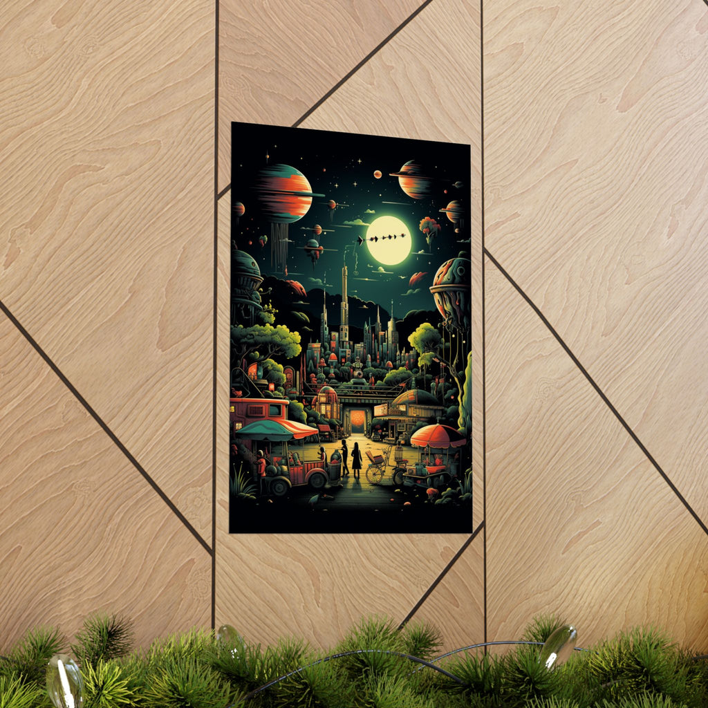 Retro Futuristic City Market Poster – Cosmic Sci-Fi Wall Art (3 Sizes)
