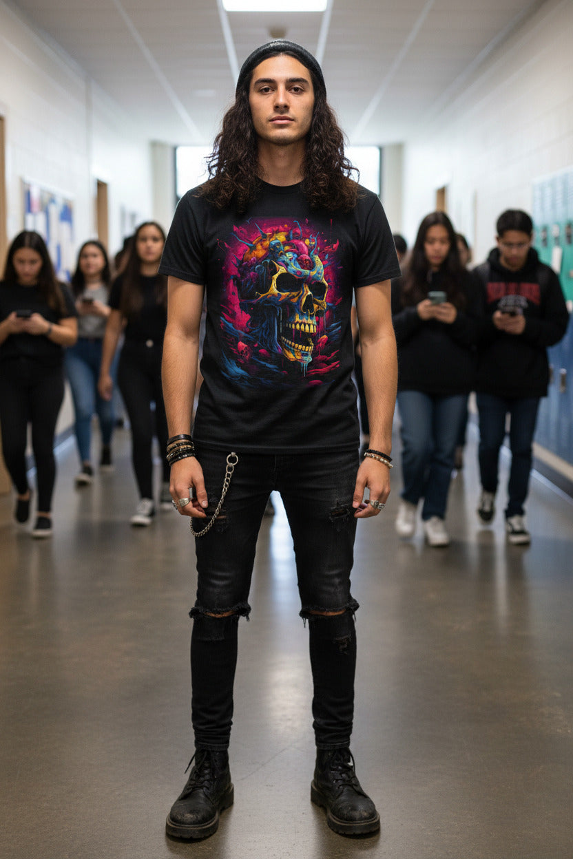 Black t-shirt with a colorful skull design on a white background