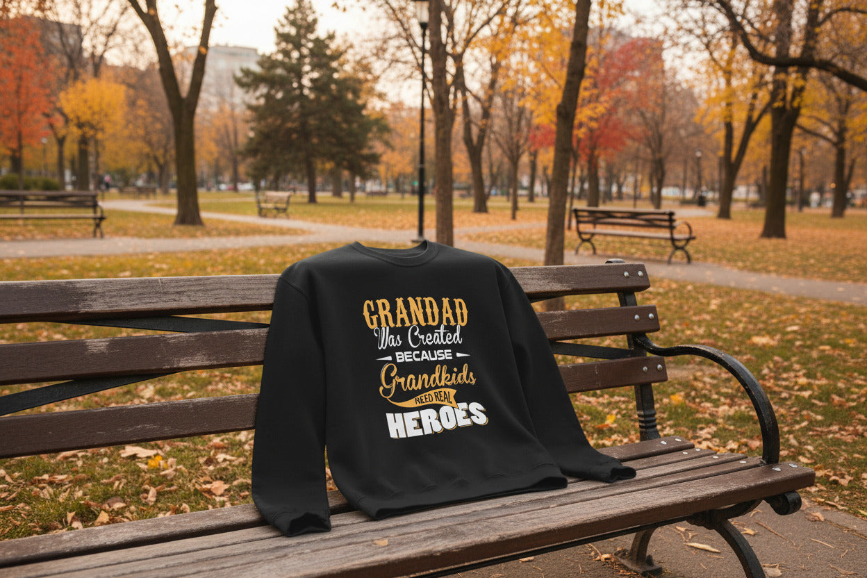 Black sweatshirt with text 'Grandad was created because grandkids need real heroes' on a white background
