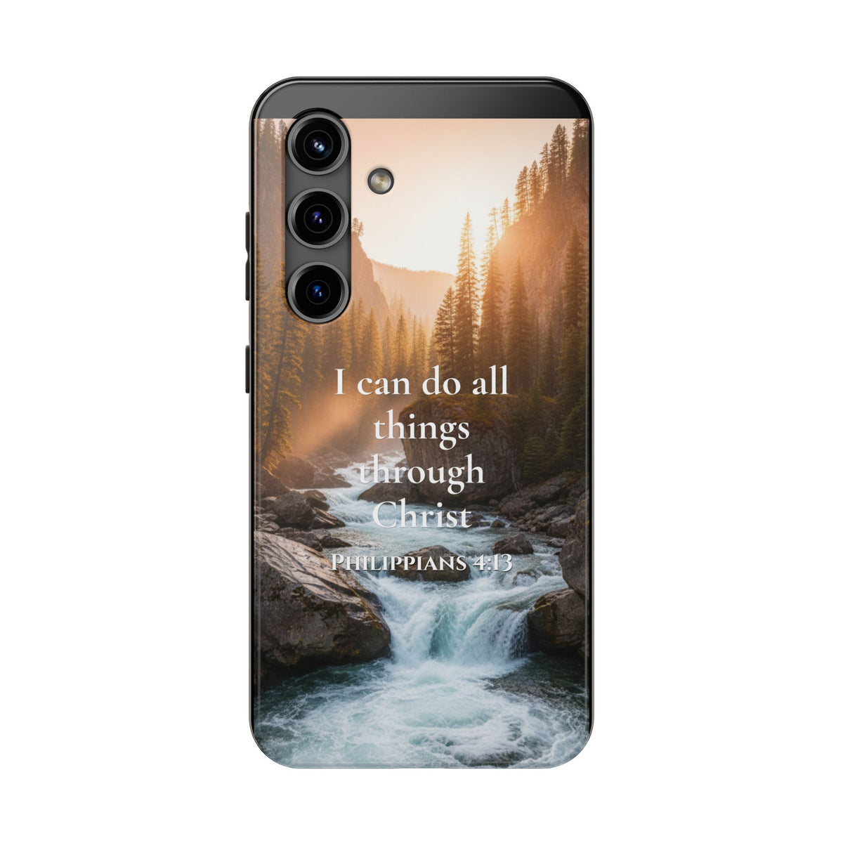 Philippians 4:13 tough phone case with golden mountain river canyon and rushing waterfall — "I Can Do All Things Through Christ" Christian faith phone case for iPhone and Samsung