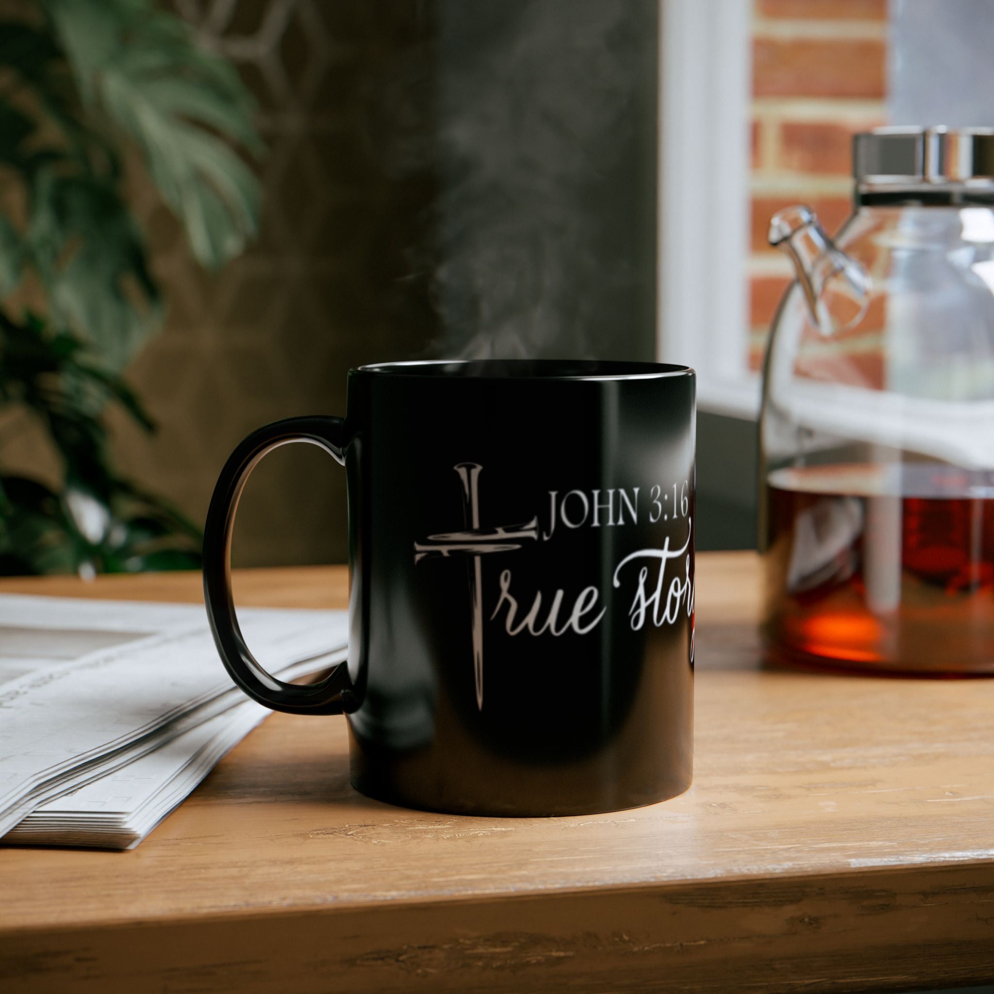 Christian Mug — "John 3:16, True Story" Black Coffee Cup