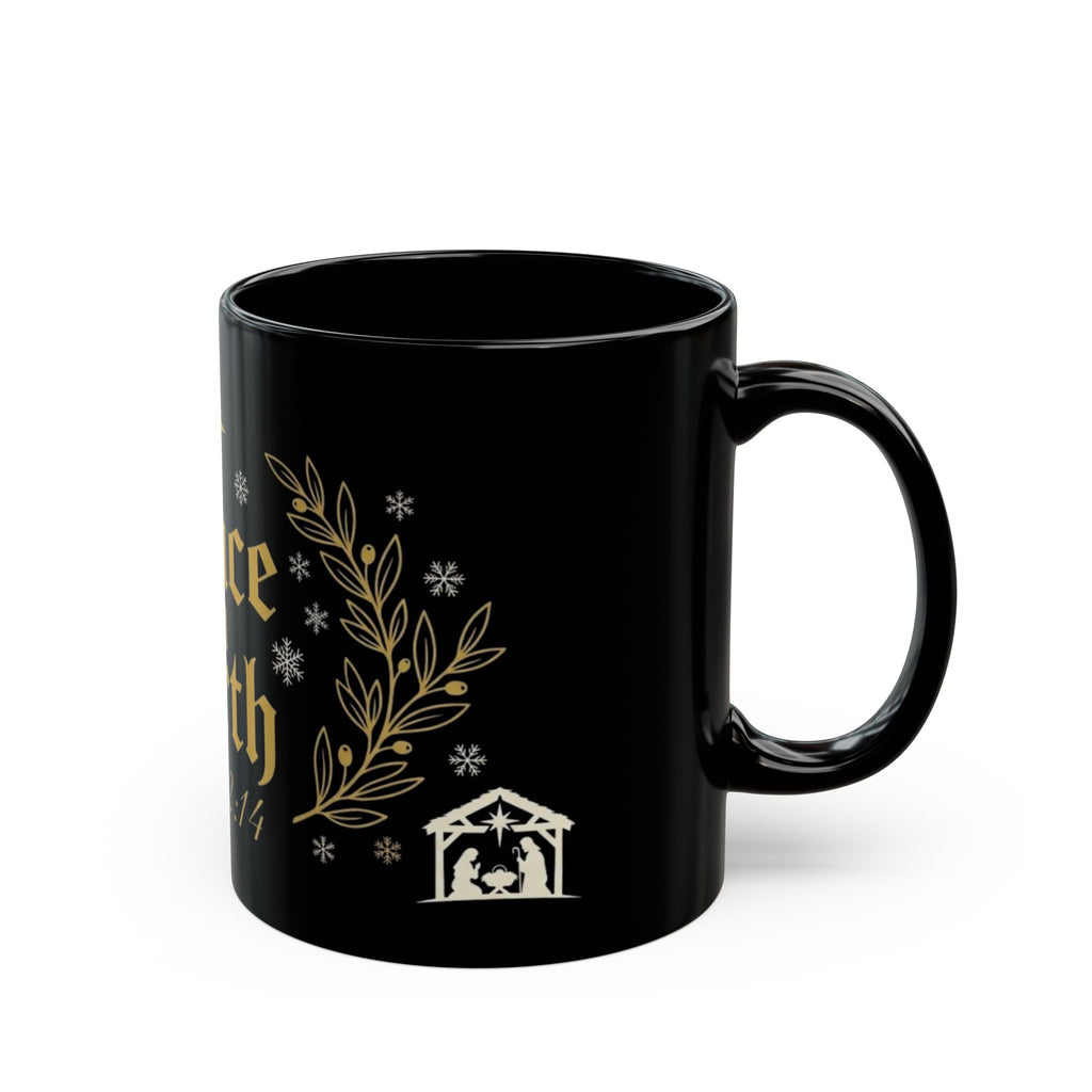 Peace on Earth faith Christmas mug right side view showing gold olive branch and snowflake design