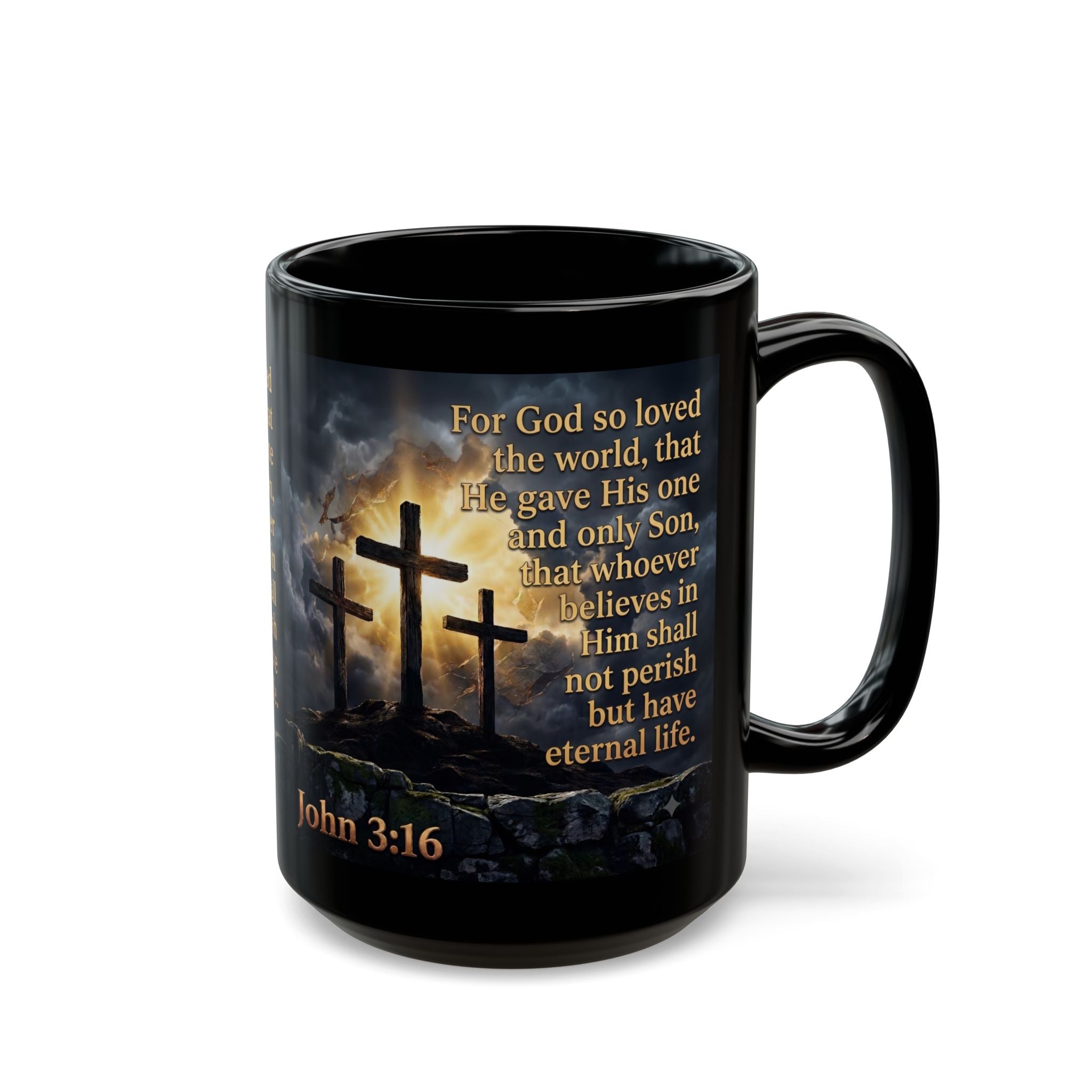 Black ceramic Christian mug with three crosses, stormy sky and golden light, John 3:16 scripture in gold, 15oz