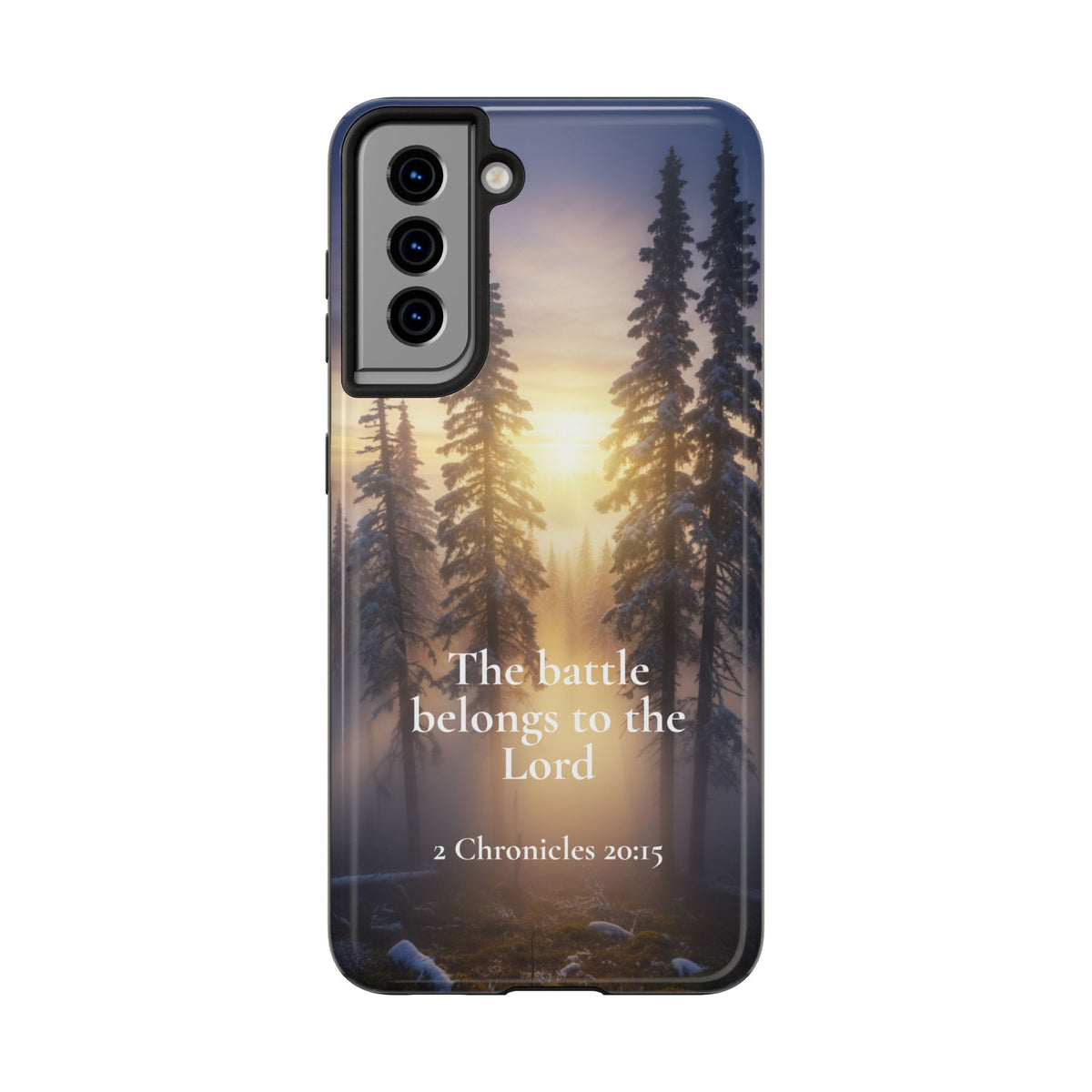 Christian Phone Case — "The Battle Belongs to the Lord" (2 Chronicles 20:15) Forest Sunrise Design