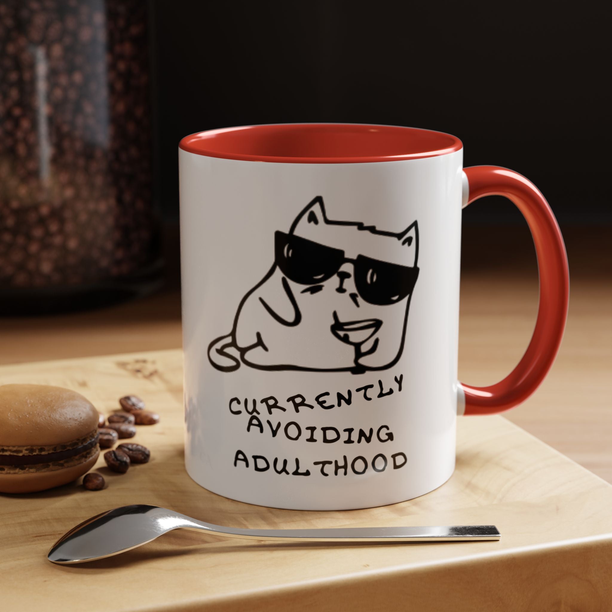 Currently Avoiding Adulthood Cat Mug – Funny Sketch Cartoon Coffee Cup