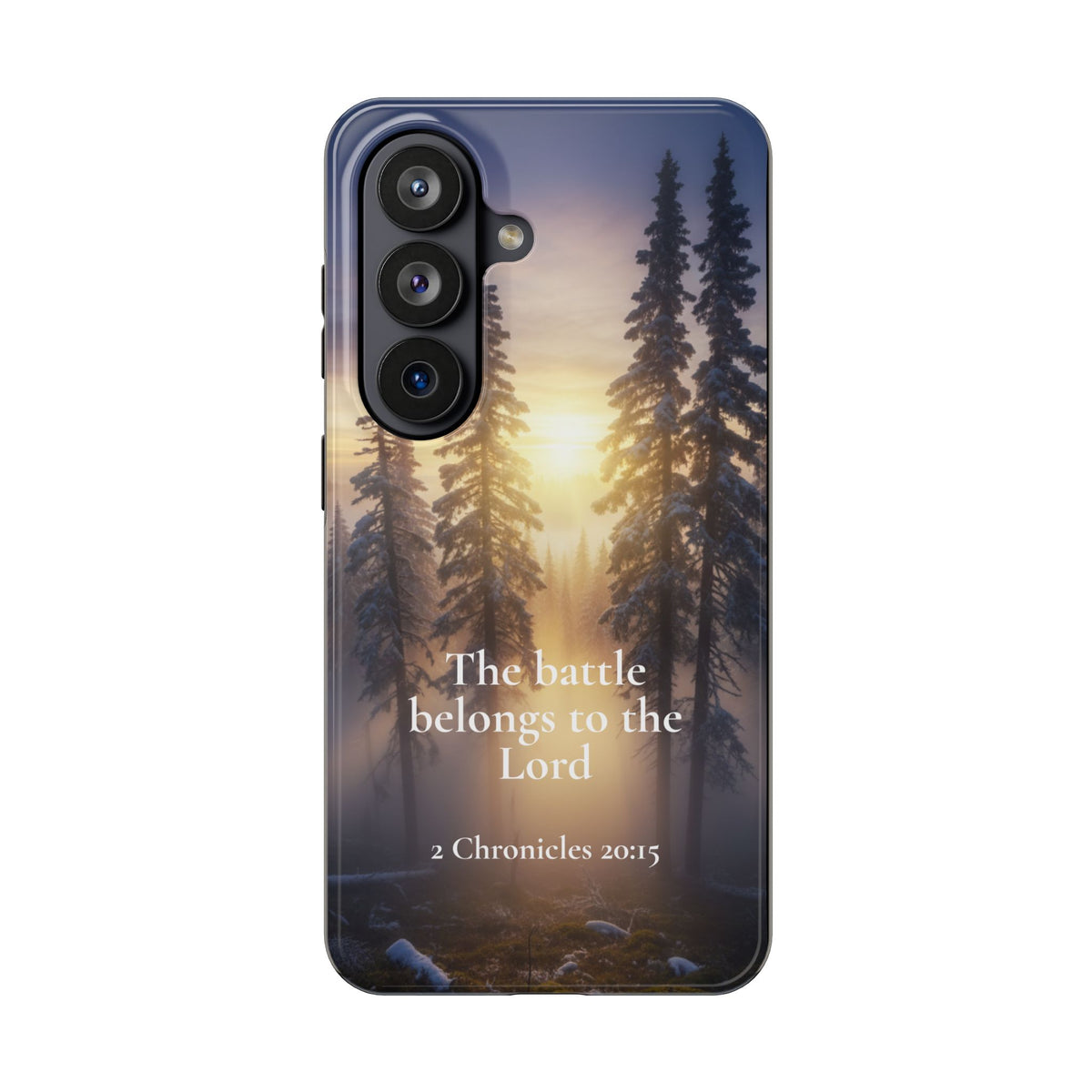 Christian Phone Case — "The Battle Belongs to the Lord" (2 Chronicles 20:15) Forest Sunrise Design