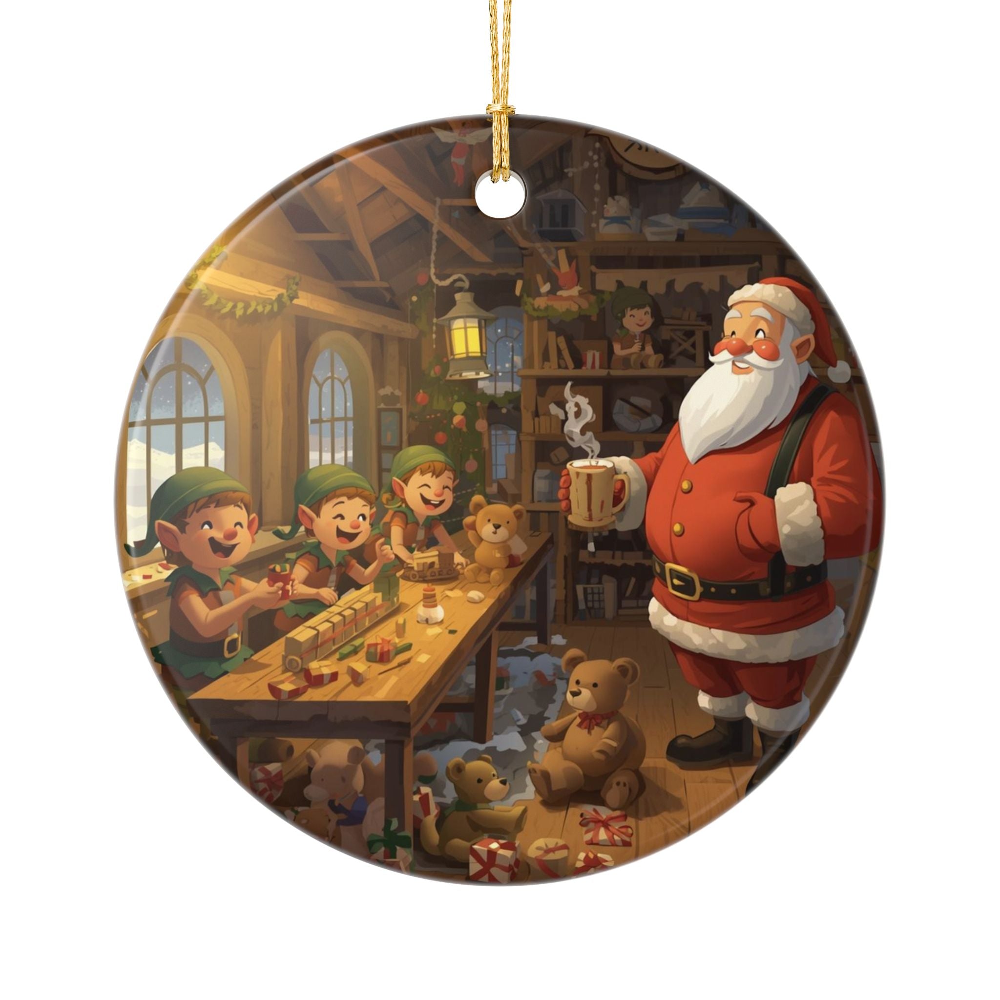 Santa & Elves Workshop Ornament — Holiday Scene