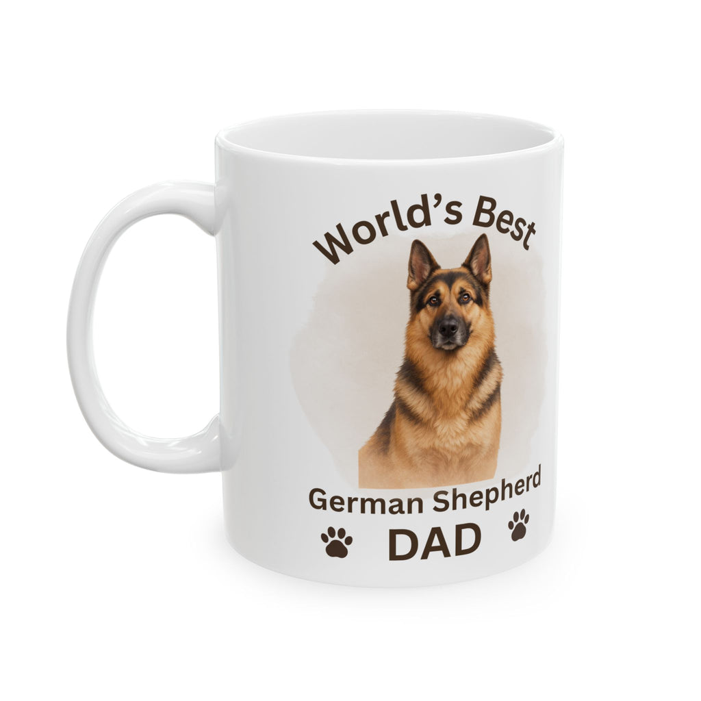 White mug with a German Shepherd design and text on a white background