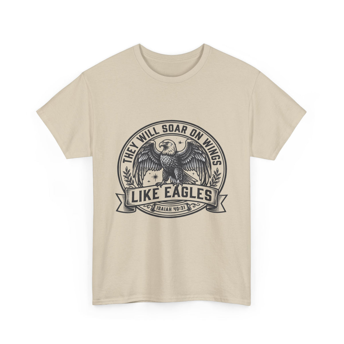 ey Will Soar on Wings Like Eagles Isaiah 40:31 vintage eagle crest graphic on natural sand unisex Christian t-shirt