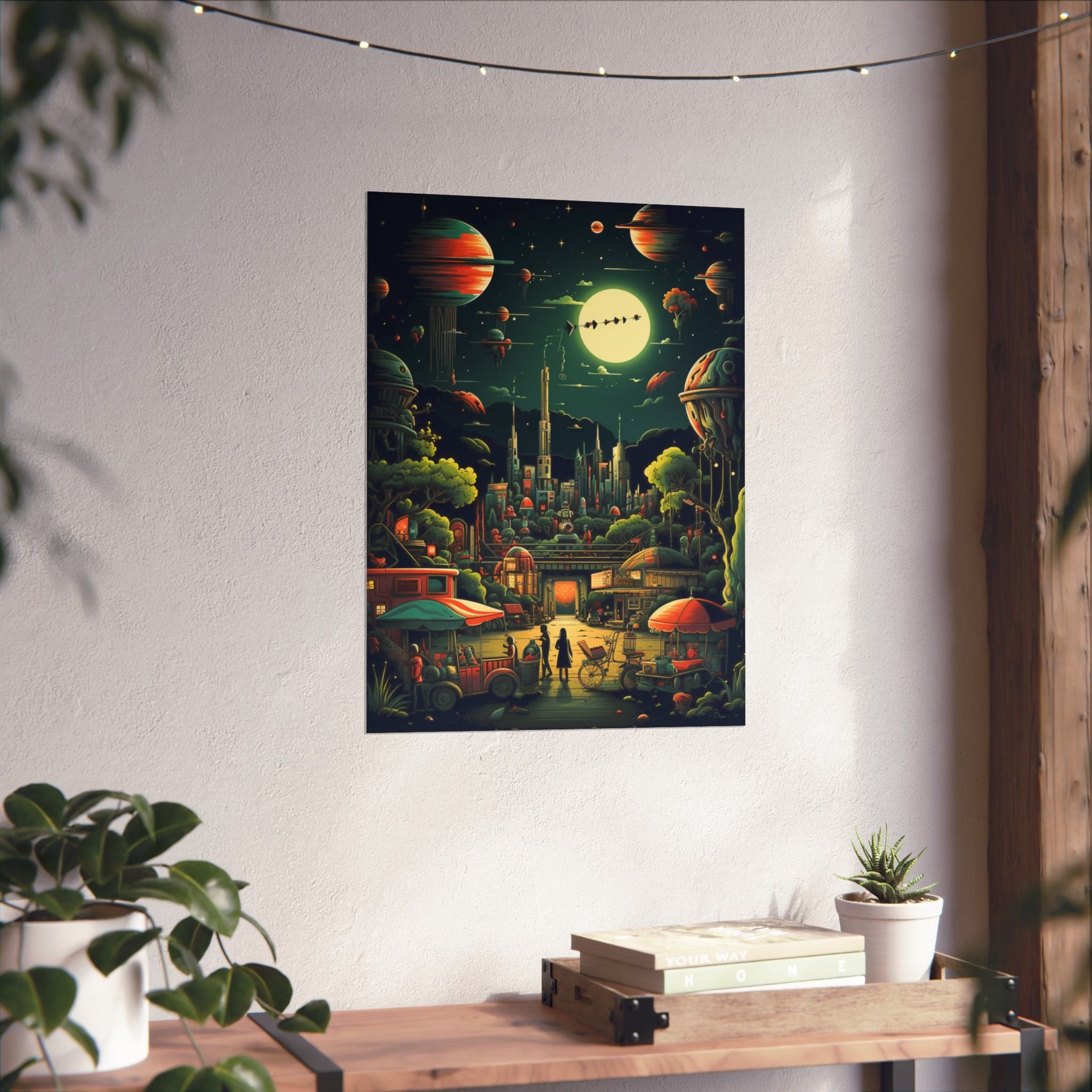 Retro Futuristic City Market Poster – Cosmic Sci-Fi Wall Art (3 Sizes)