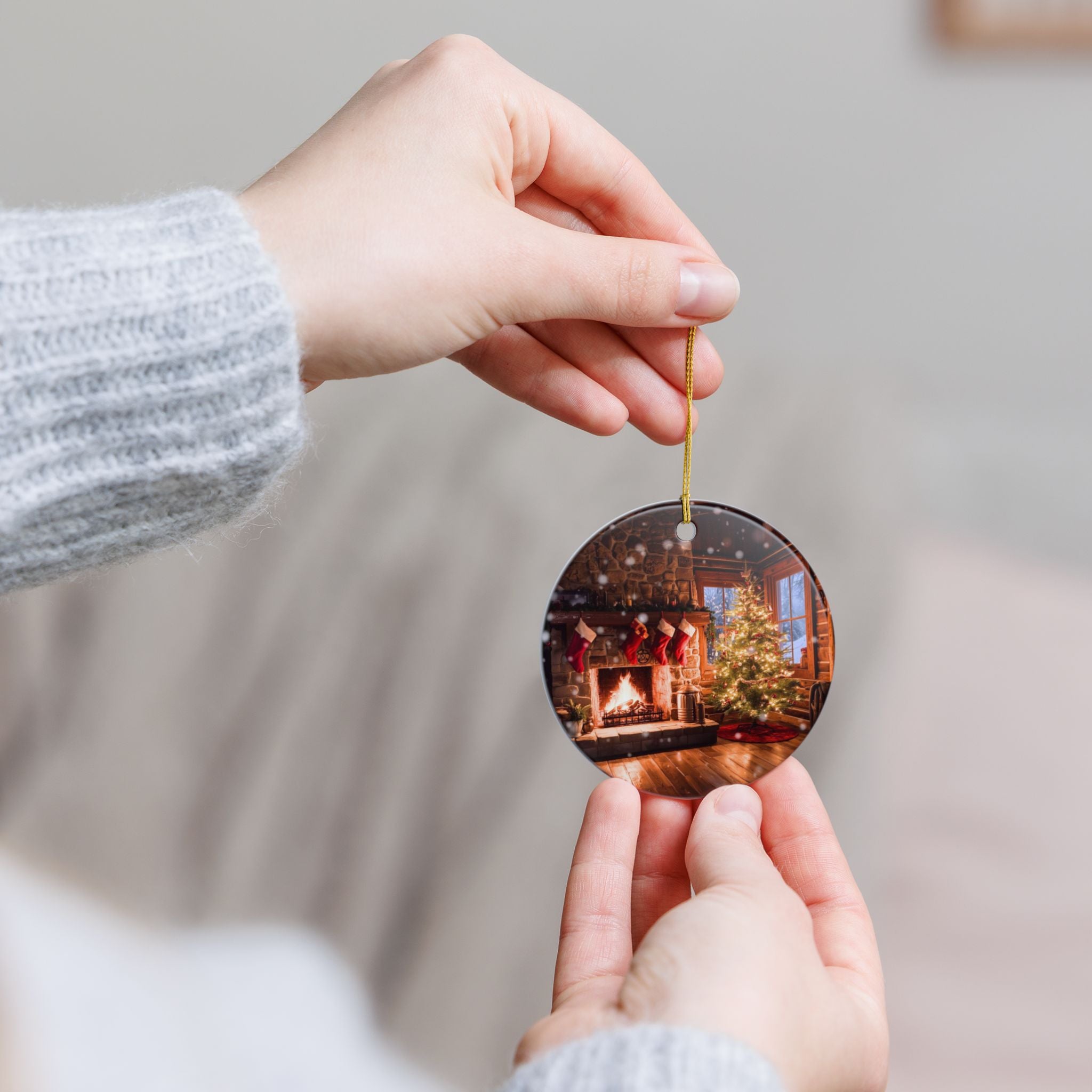 Cozy Fireplace & Christmas Tree Ceramic Ornament
