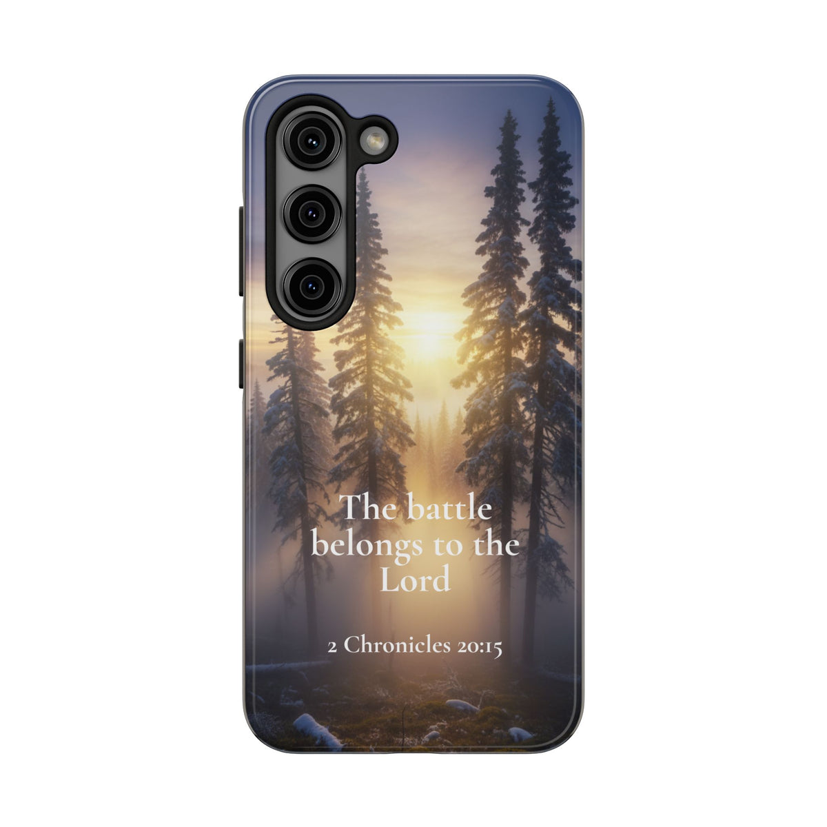 Christian Phone Case — "The Battle Belongs to the Lord" (2 Chronicles 20:15) Forest Sunrise Design
