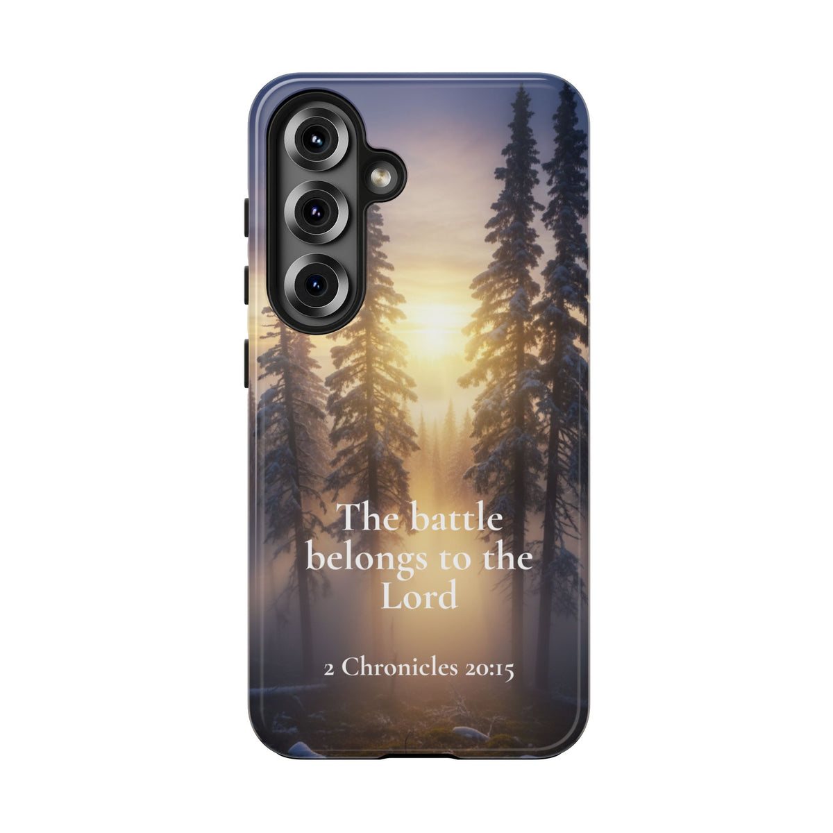 Christian Phone Case — "The Battle Belongs to the Lord" (2 Chronicles 20:15) Forest Sunrise Design