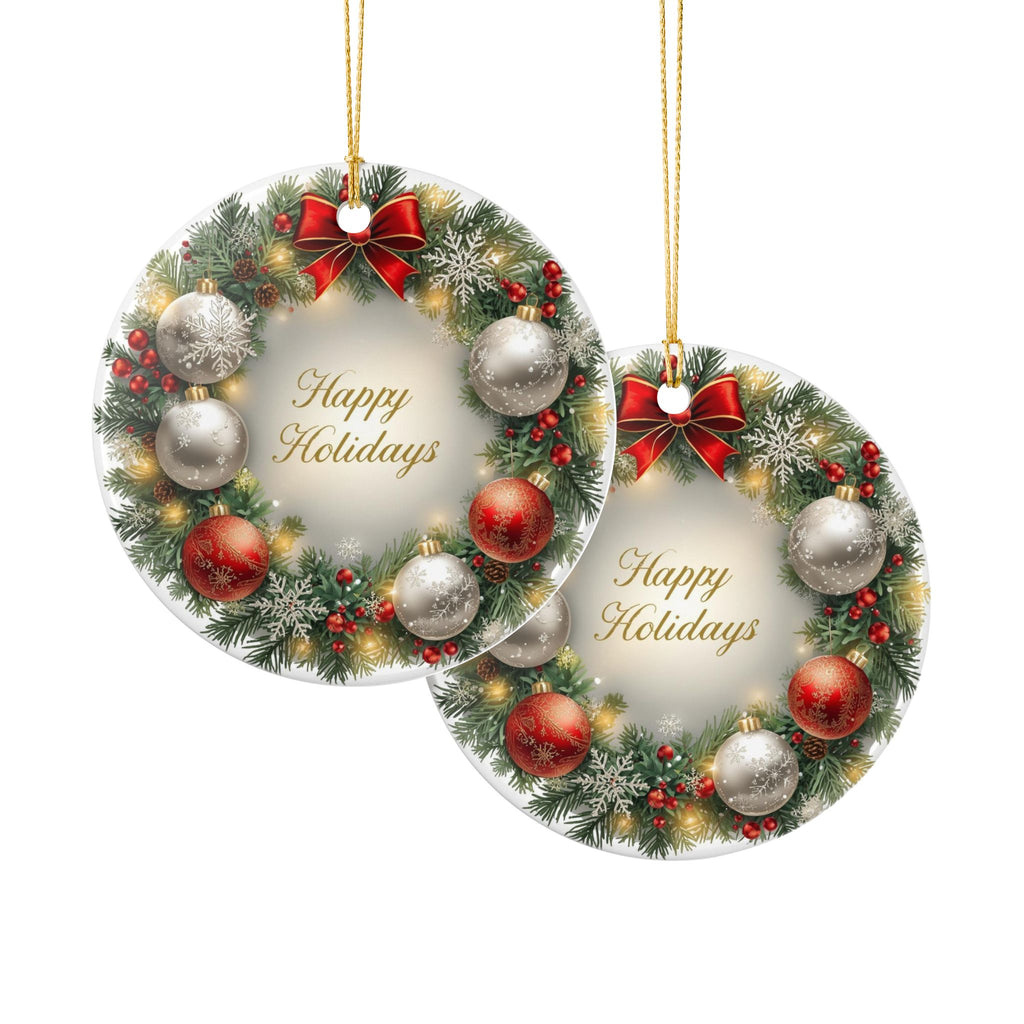 Holiday Wreath Ceramic Ornament — Happy Holidays