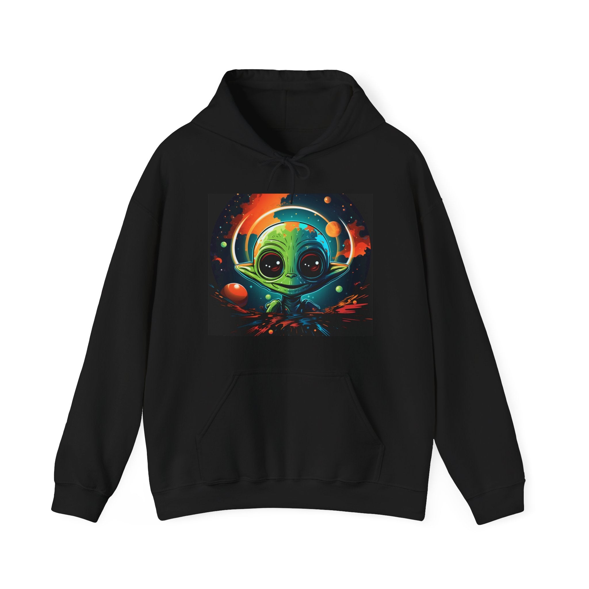 Cosmic Cutie Alien Hoodie – Vibrant Outer Space Art on Black