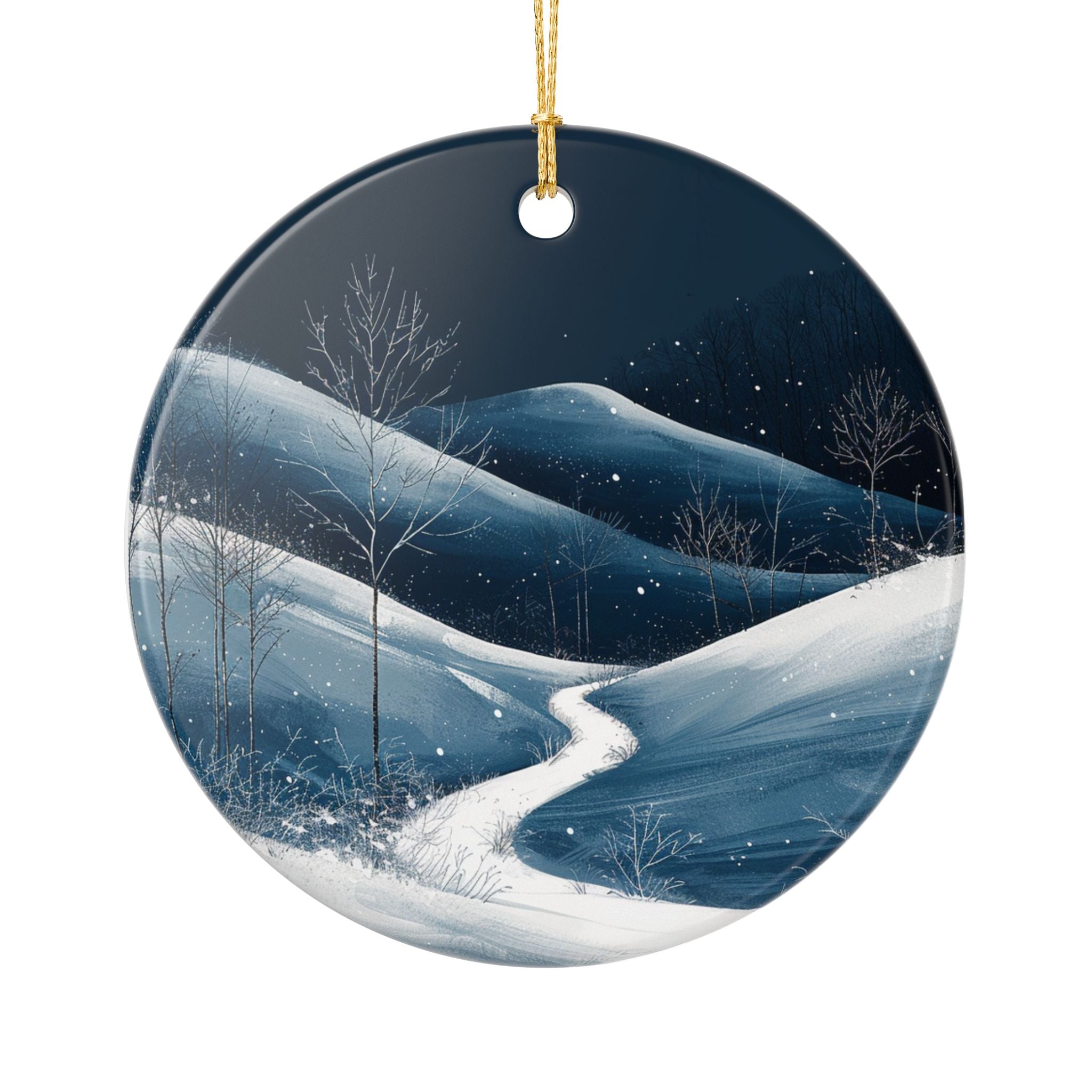 Winter Night Ceramic Ornament — Snowy Mountain Path (2-Sided)