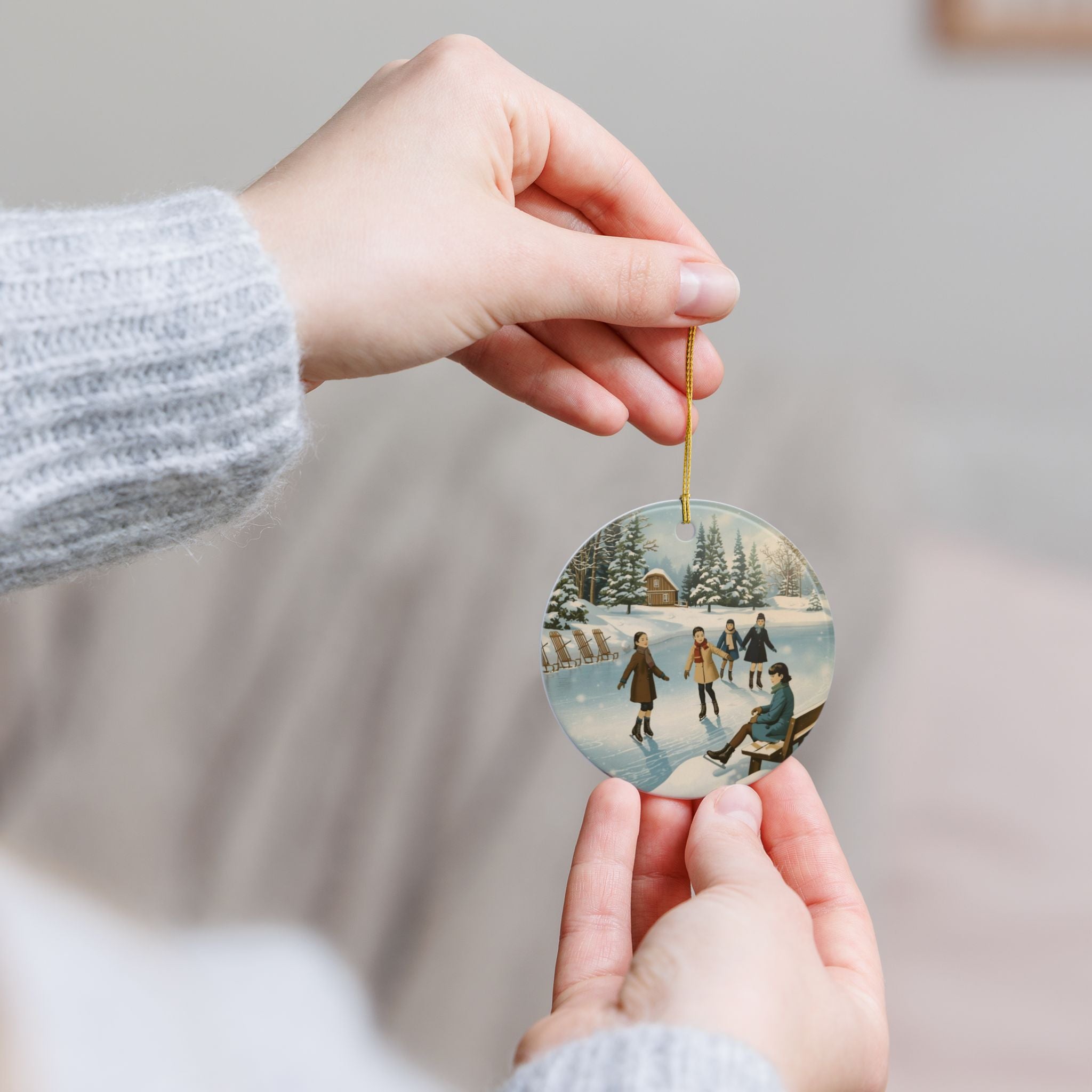 Vintage Ice Skating Ornament — Round Holiday Scene