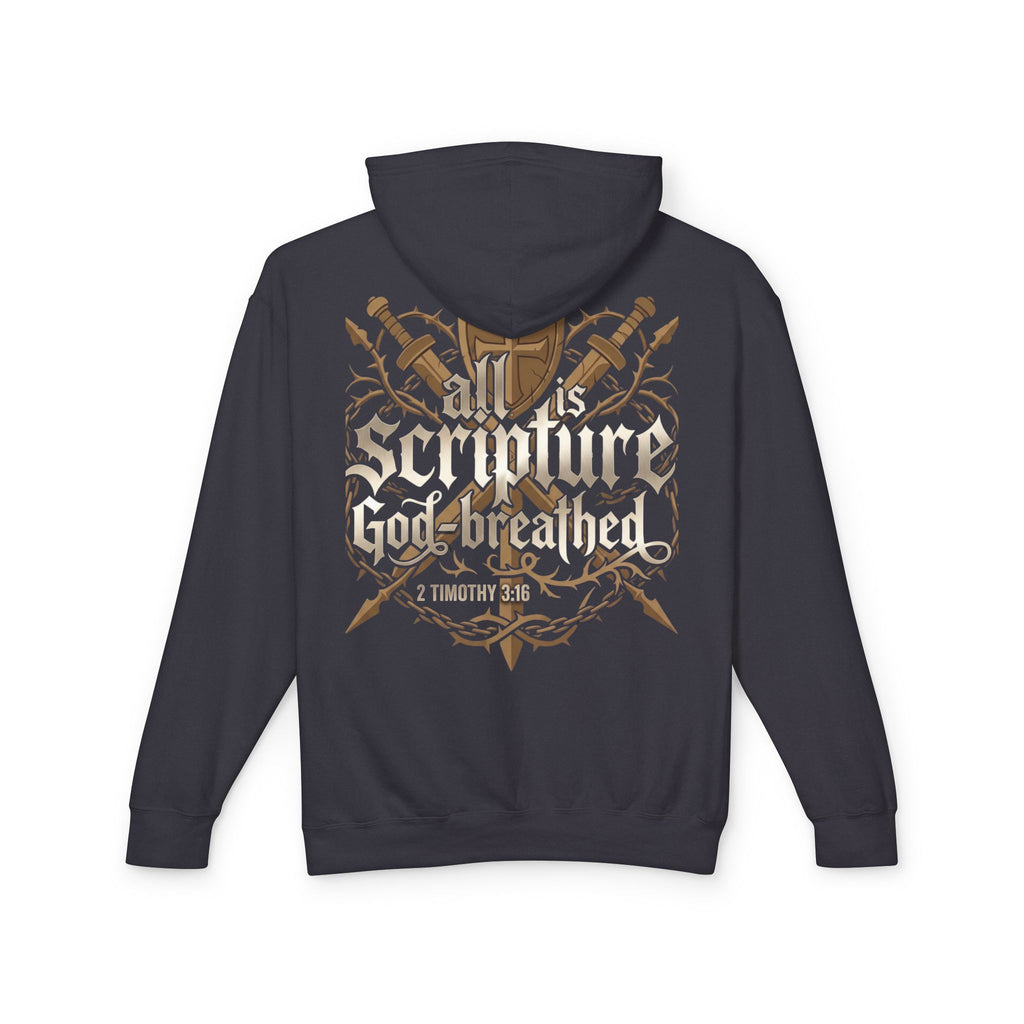 Back view of a dark charcoal pullover hoodie featuring crossed swords, thorns, and a shield with bold gothic lettering reading "All Scripture is God-Breathed — 2 Timothy 3:16" on a white background.