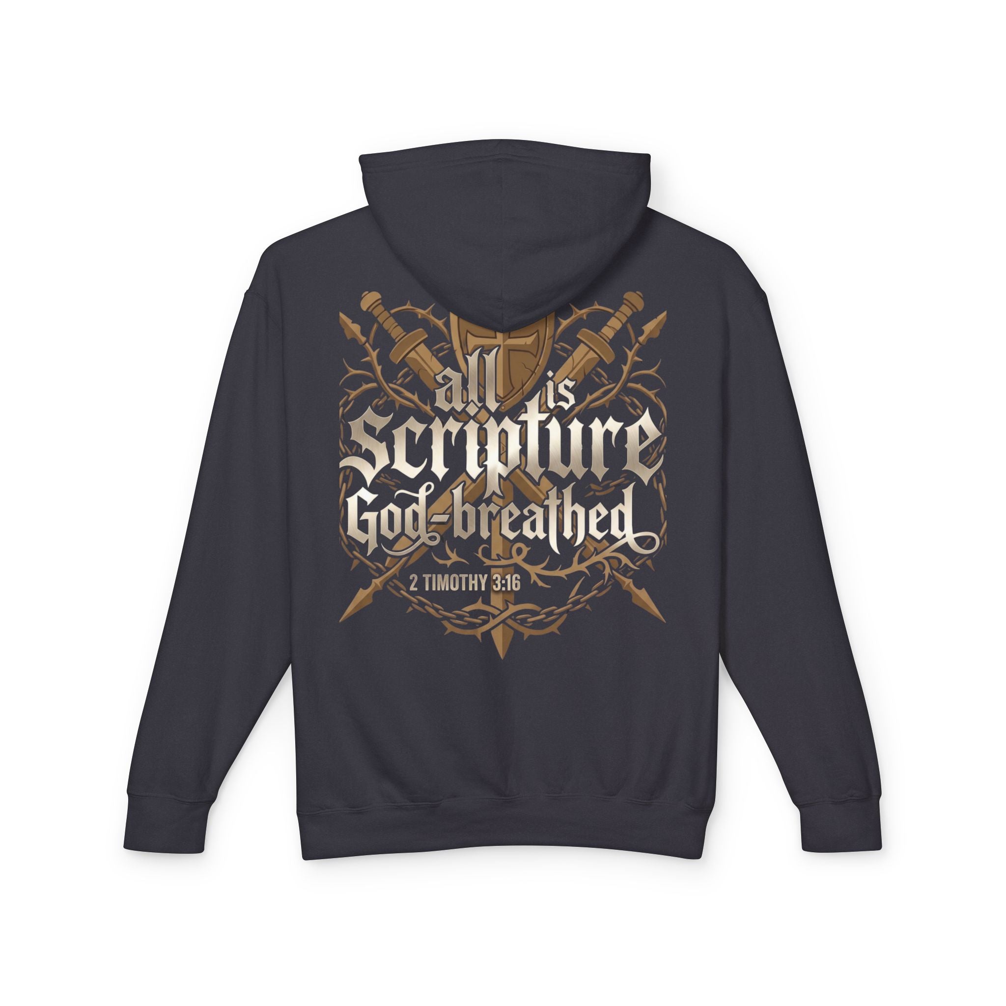 Back view of a dark charcoal pullover hoodie featuring crossed swords, thorns, and a shield with bold gothic lettering reading "All Scripture is God-Breathed — 2 Timothy 3:16" on a white background.