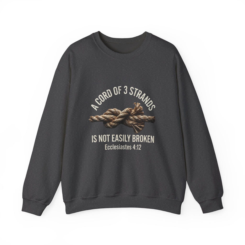 A Cord of 3 Strands Is Not Easily Broken — Ecclesiastes 4:12 dark heather crewneck sweatshirt with rope knot graphic, midweight Christian faith pullover